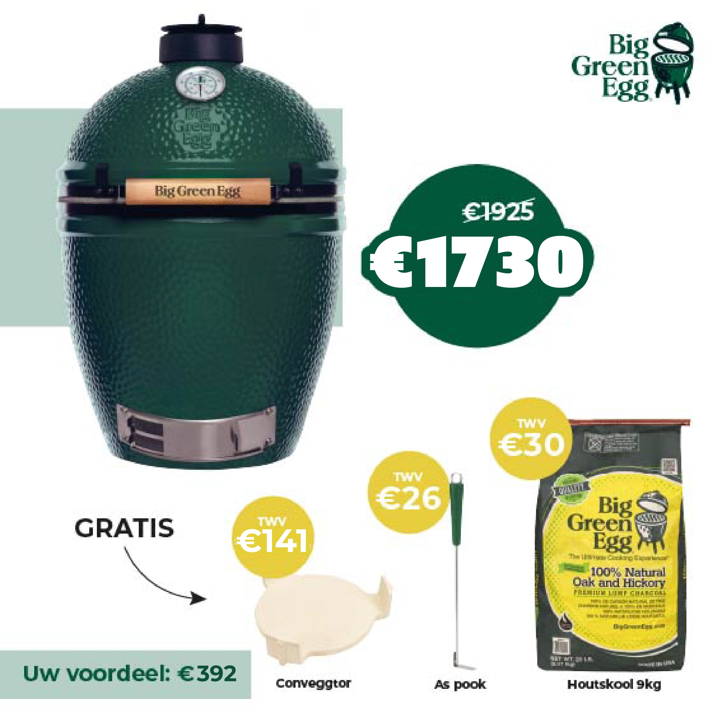 BIG GREEN EGG Large 46cm - hoogte 84cm gratis:houtskool 9kg-aspook-conveggtor