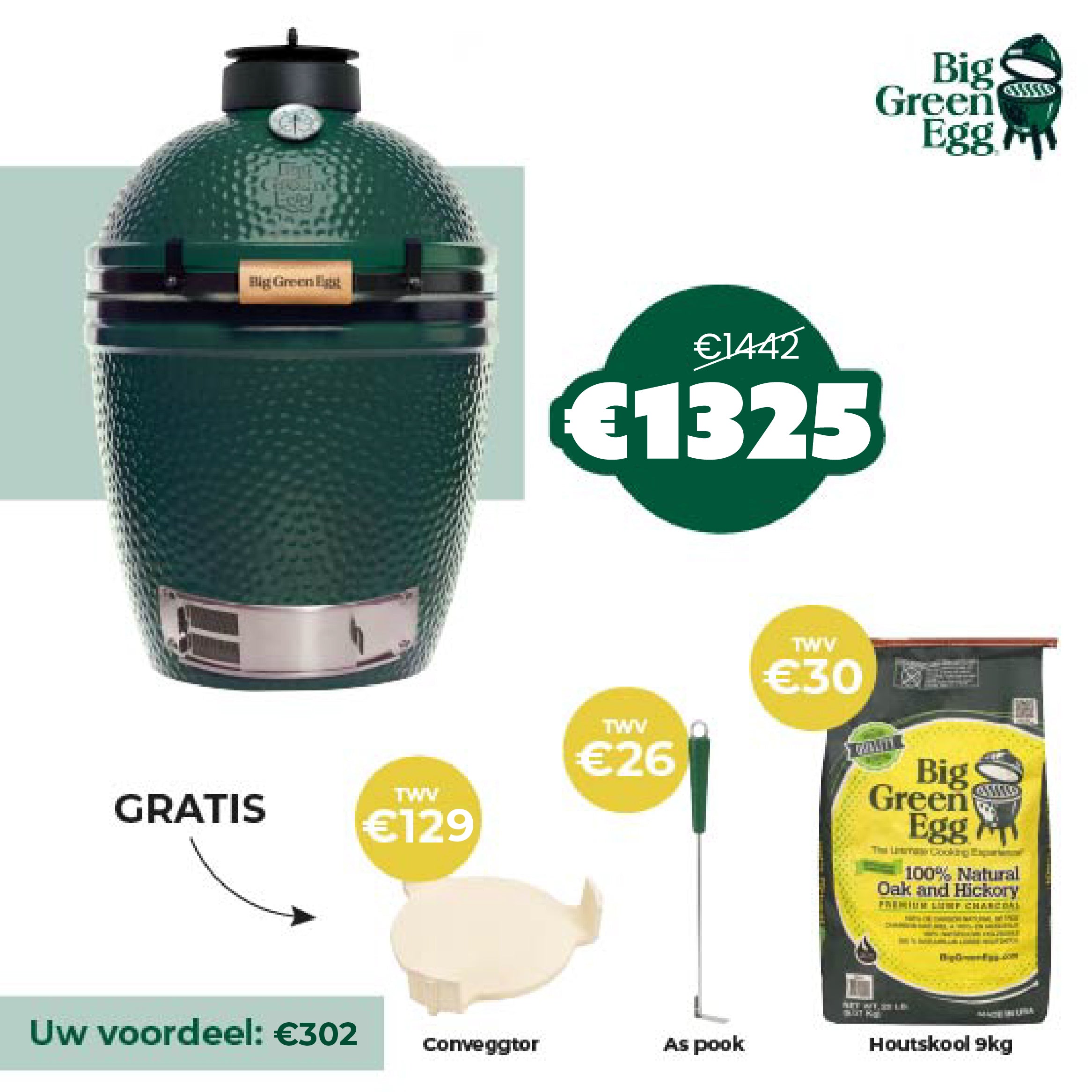 BIG GREEN EGG Medium 38cm - hoogte 72cm gratis:houtskool 9kg-aspook-conveggtor