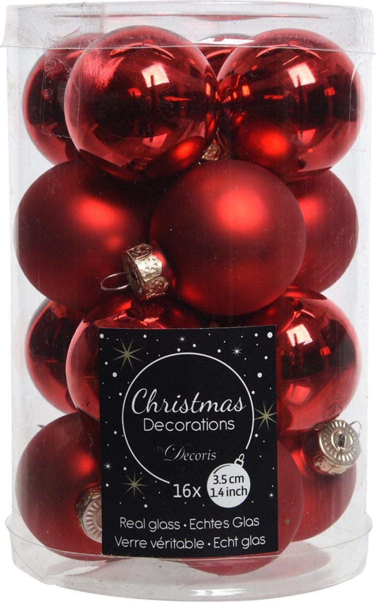 Kerstballen glas glans/mat mix 3.5cm - kerstrood 16st. 16st.