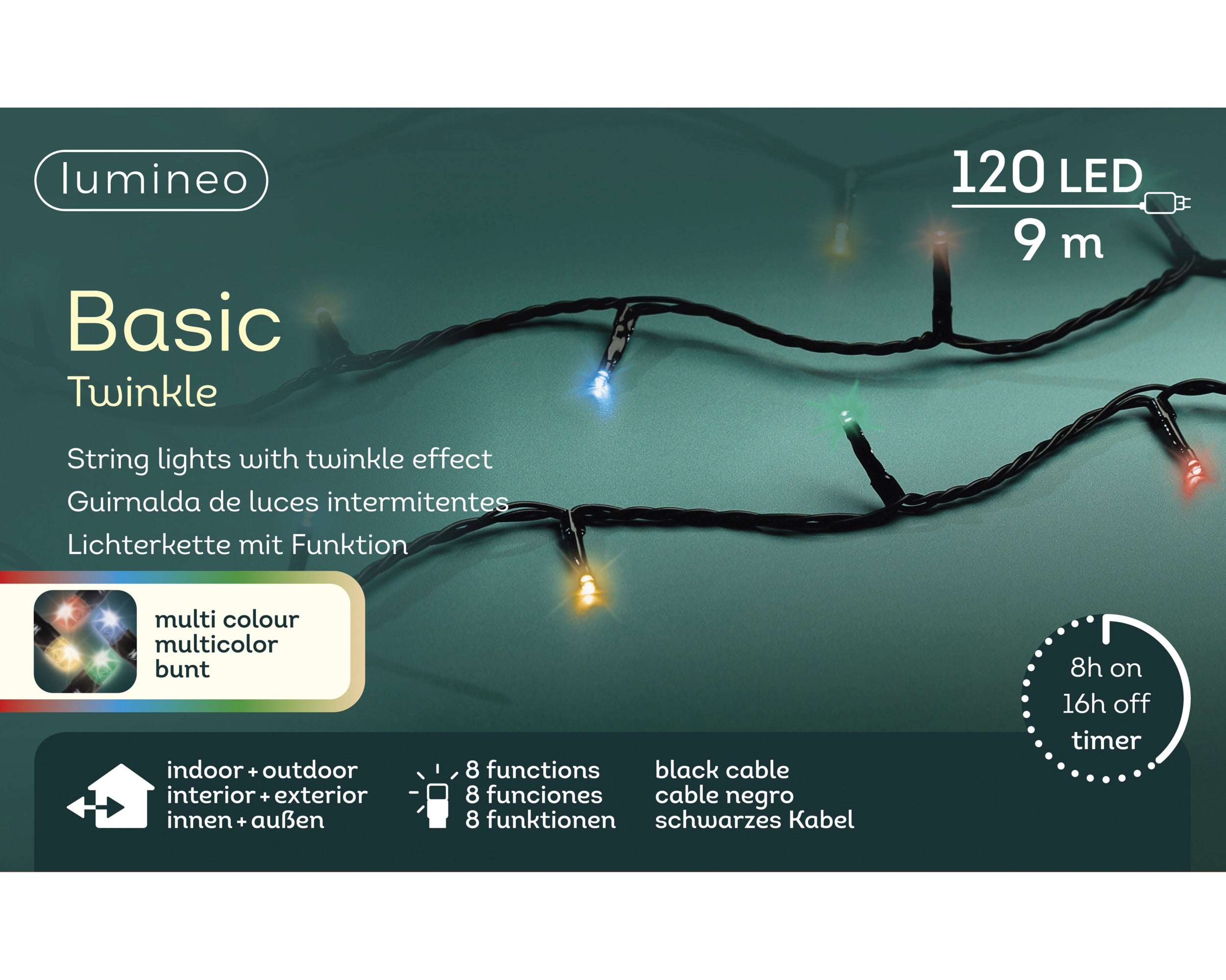 Lumineo LED basic twinkel 900cm 120L - zwart/multi - kerstverlichting