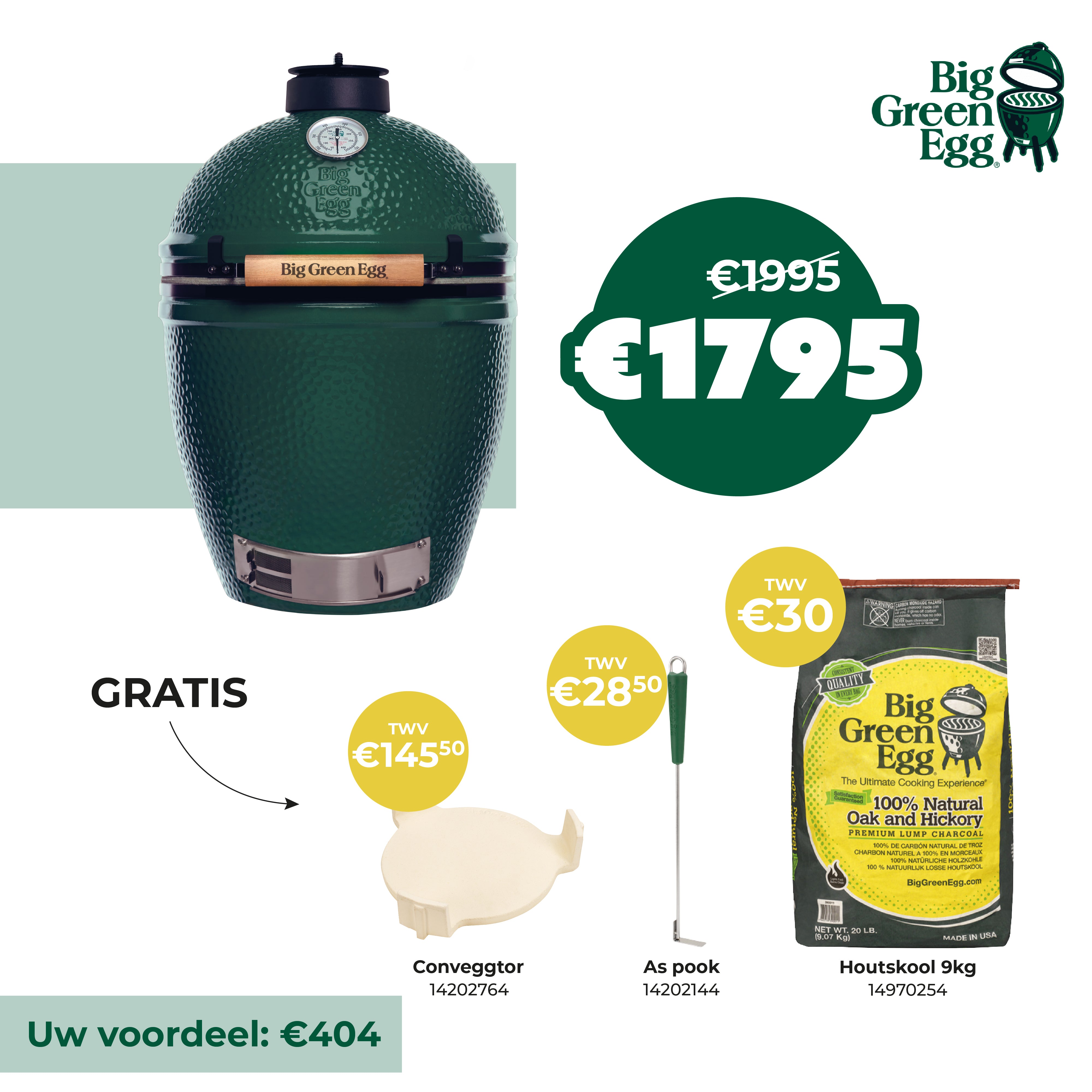 BIG GREEN EGG Large 46cm - hoogte 84cm gratis:houtskool 9kg - aspook - conveggtor