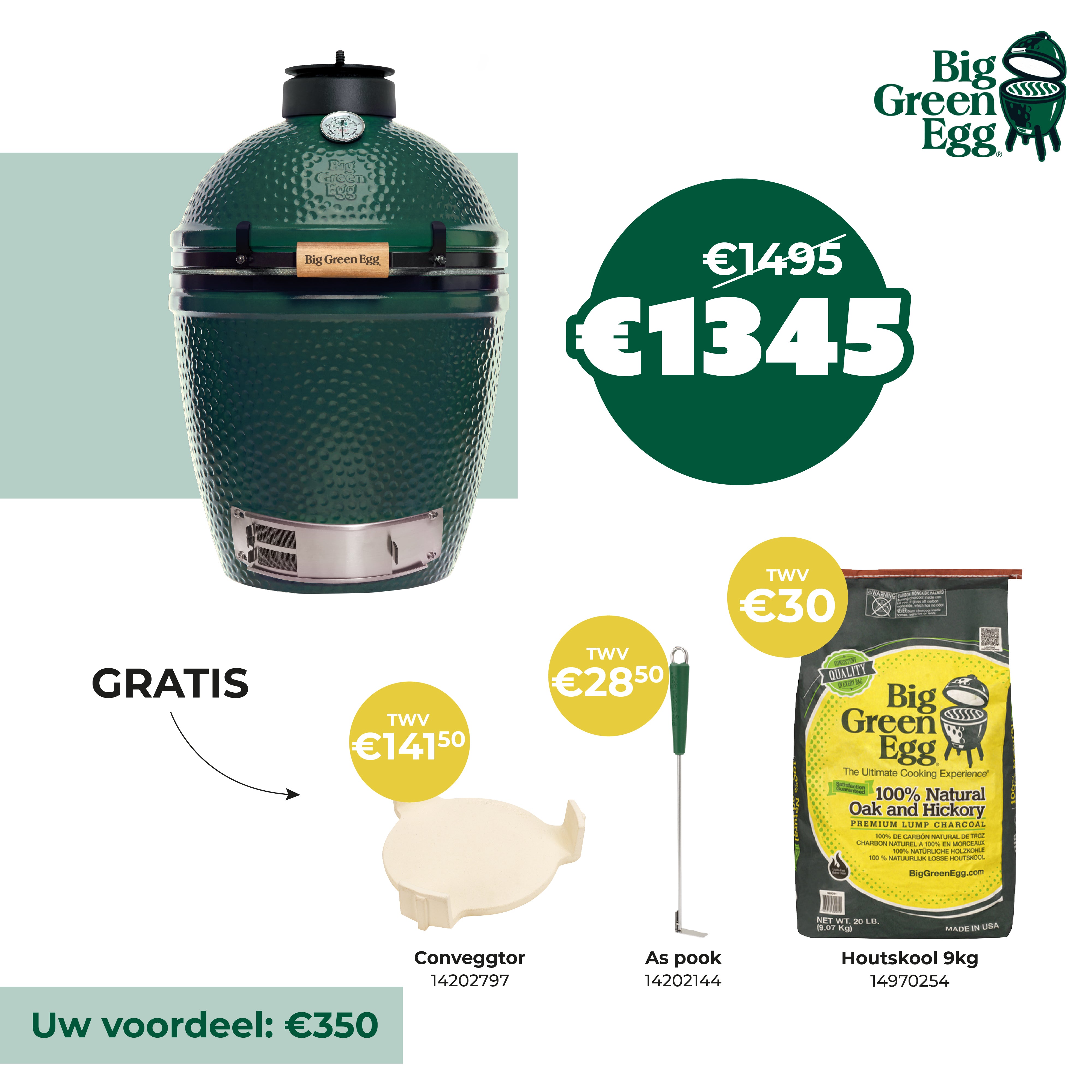 BIG GREEN EGG Medium 38cm - hoogte 72cm gratis:houtskool 9kg-aspook-conveggtor