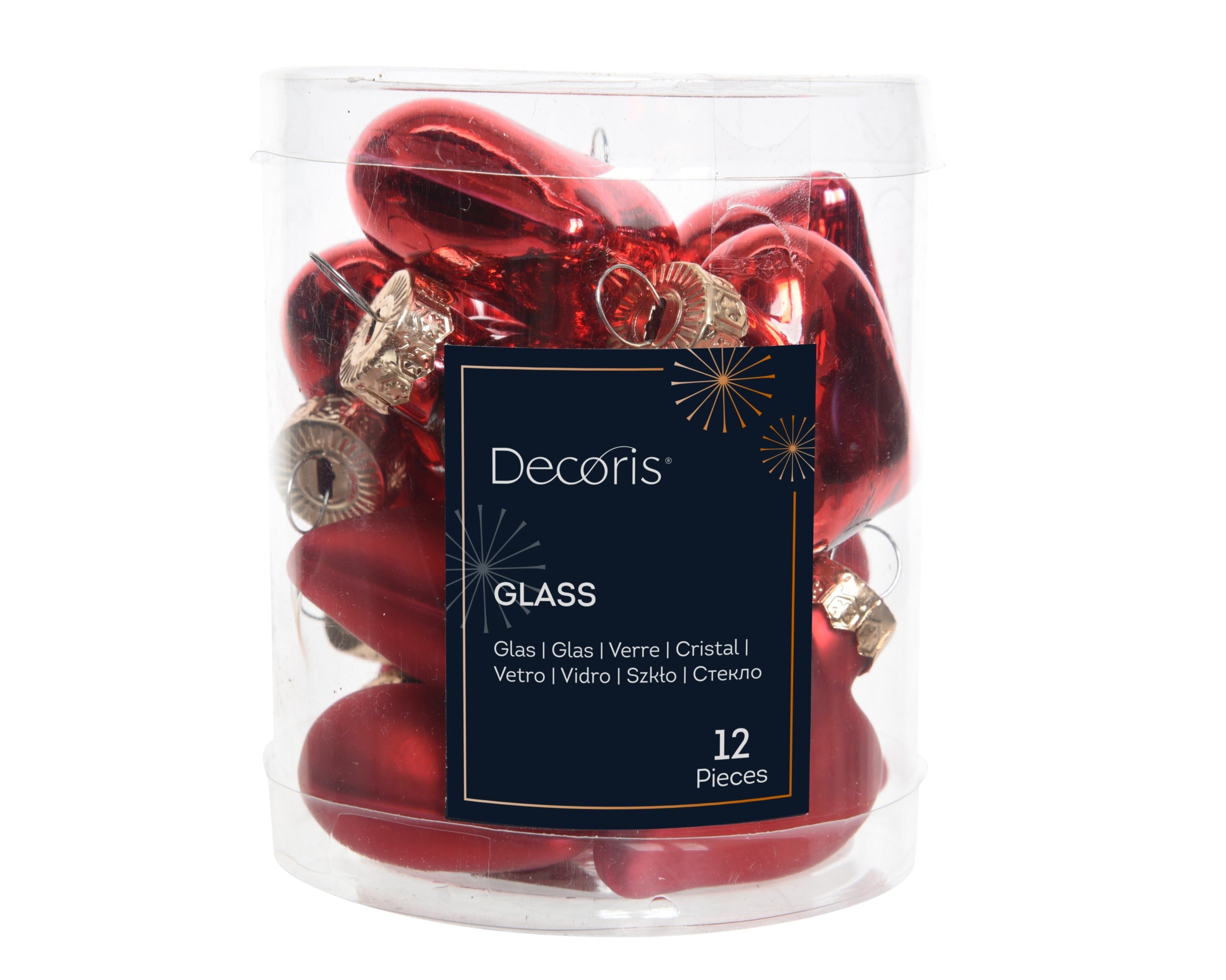 Kerstballen hart glas glans/mat mix 4.5x4cm - kerstrood 12st. 12st.