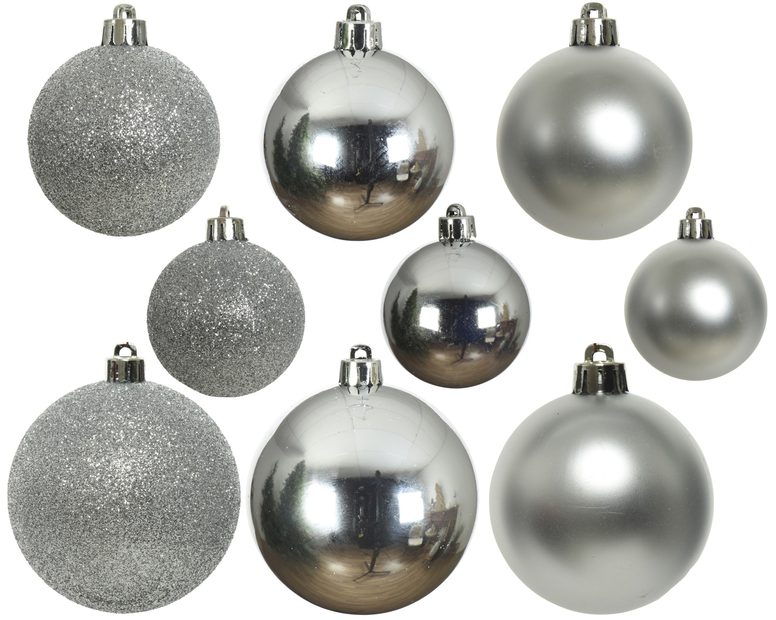 Kerstballen kunststof glans/mat/glitter mix 6cm 5cm 4cm - zilver 30st.