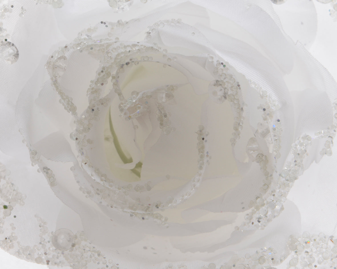 Kerst roos op clip glitter 14cm - winterwit