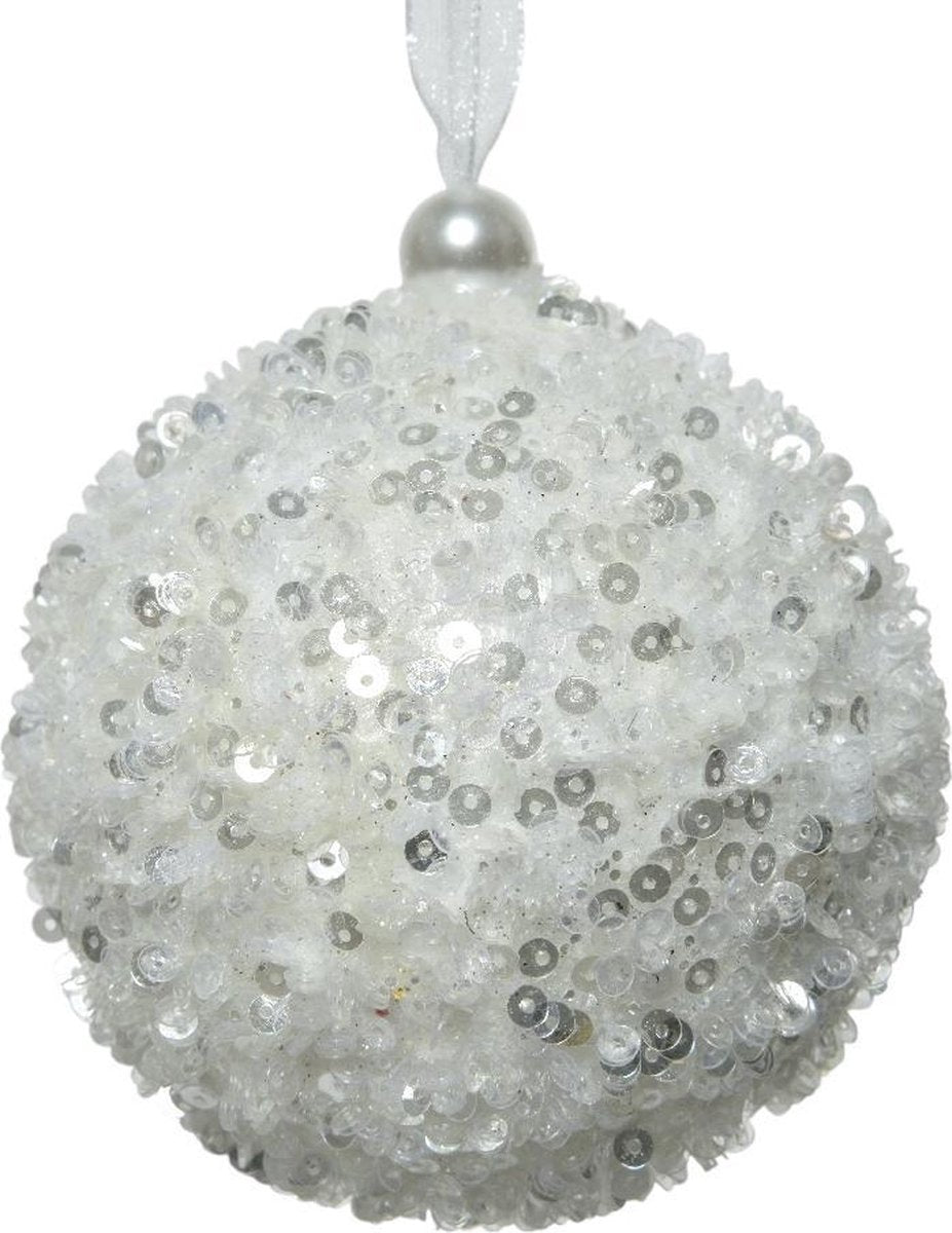 Kerstbal foam pailletten 8cm - winterwit wit          (prijs per stuk)