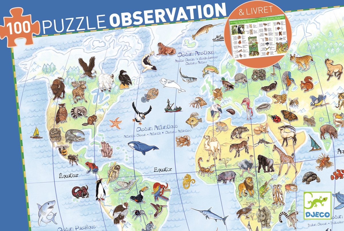 DJECO Puzzel observatie - Dieren van de wereld 100st.