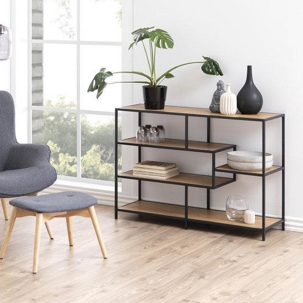 SEAFORD boekenrek 3plank - wild oak/ mat zwart - 114x35x78cm  0000089162