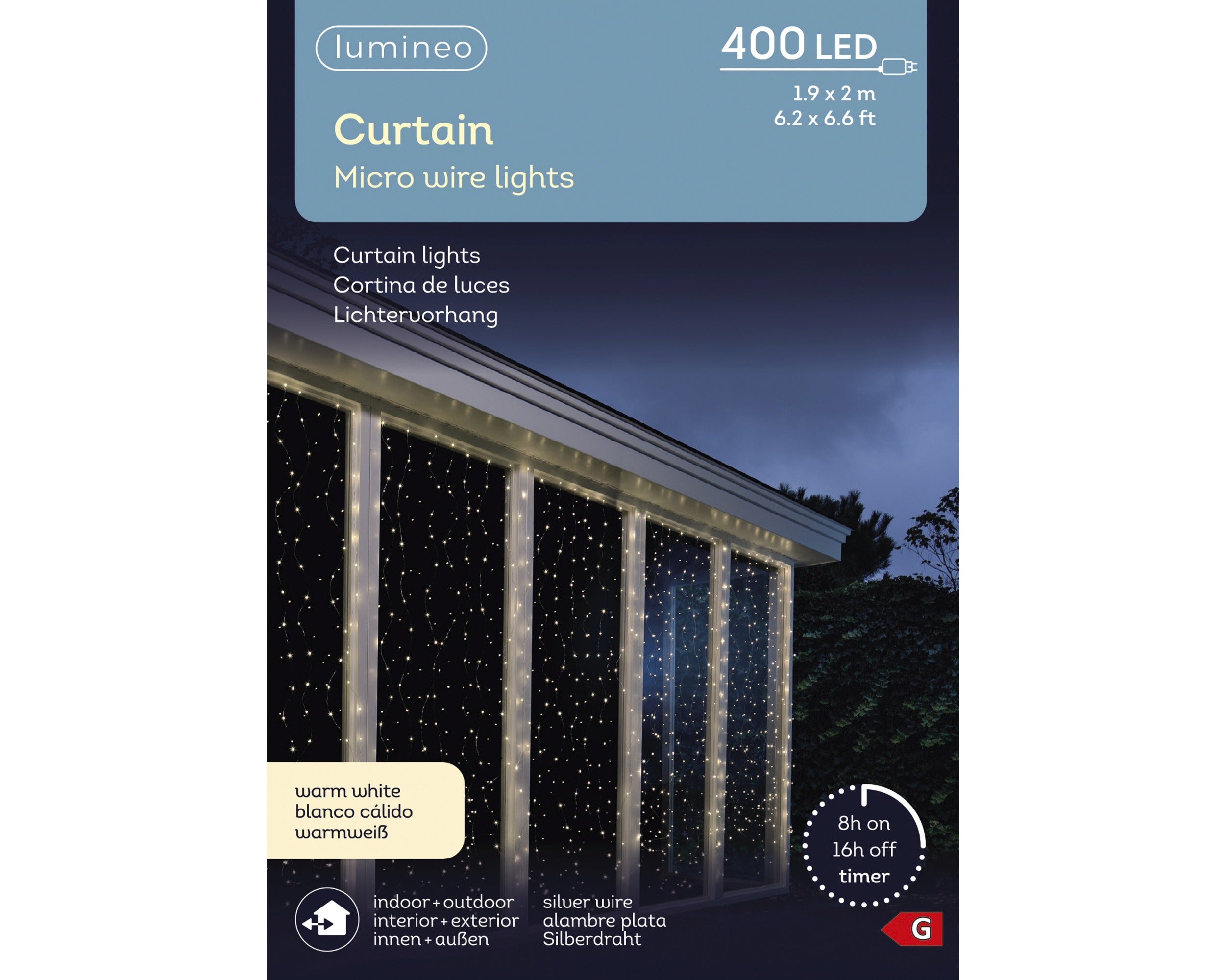 Lumineo micro LED curtain 190cm 400L - zilver/warm wit - kerstverlichting