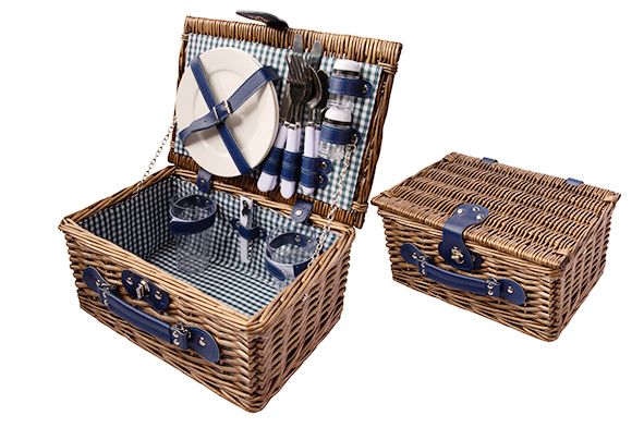 COSY&TRENDY Picknickmand voor 2personen 33x22x16cm - bruin wilg bekleding blauw
