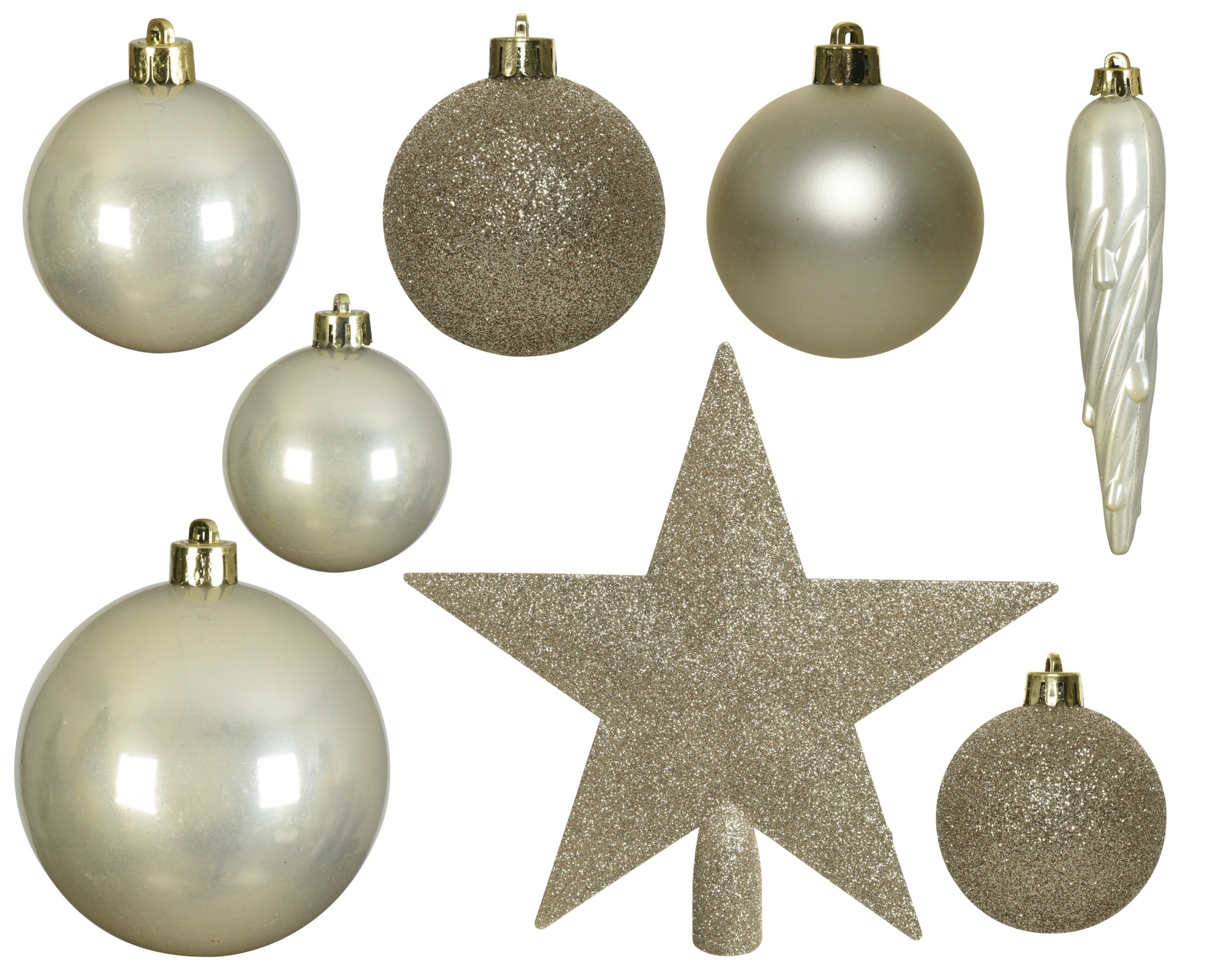 Kerstballen + piek kunststof glans/mat/glitter mix 8cm 6cm 5cm - parel 33st. assortiment