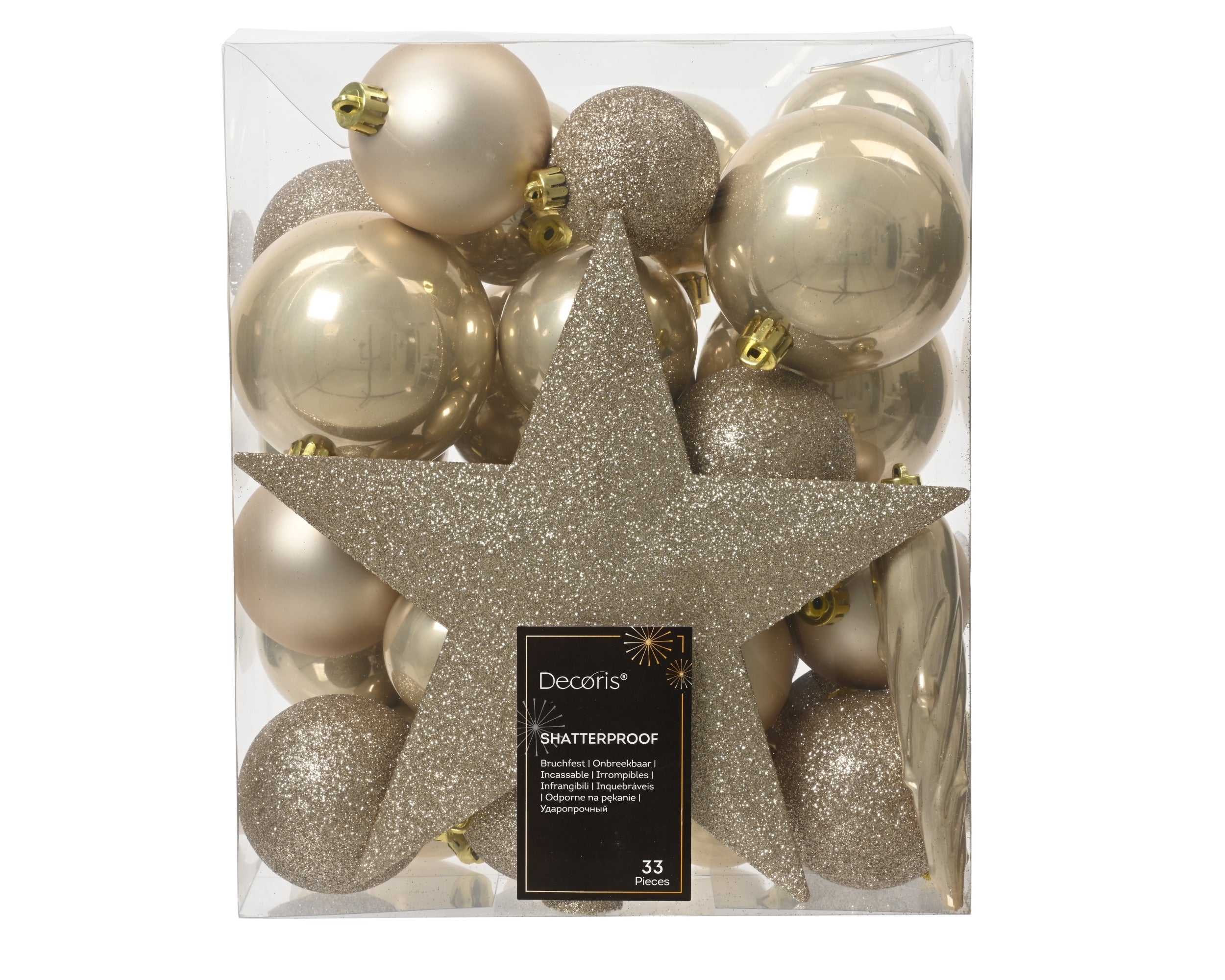 Kerstballen + piek kunststof glans/mat/glitter mix 8cm 6cm 5cm - parel 33st. assortiment