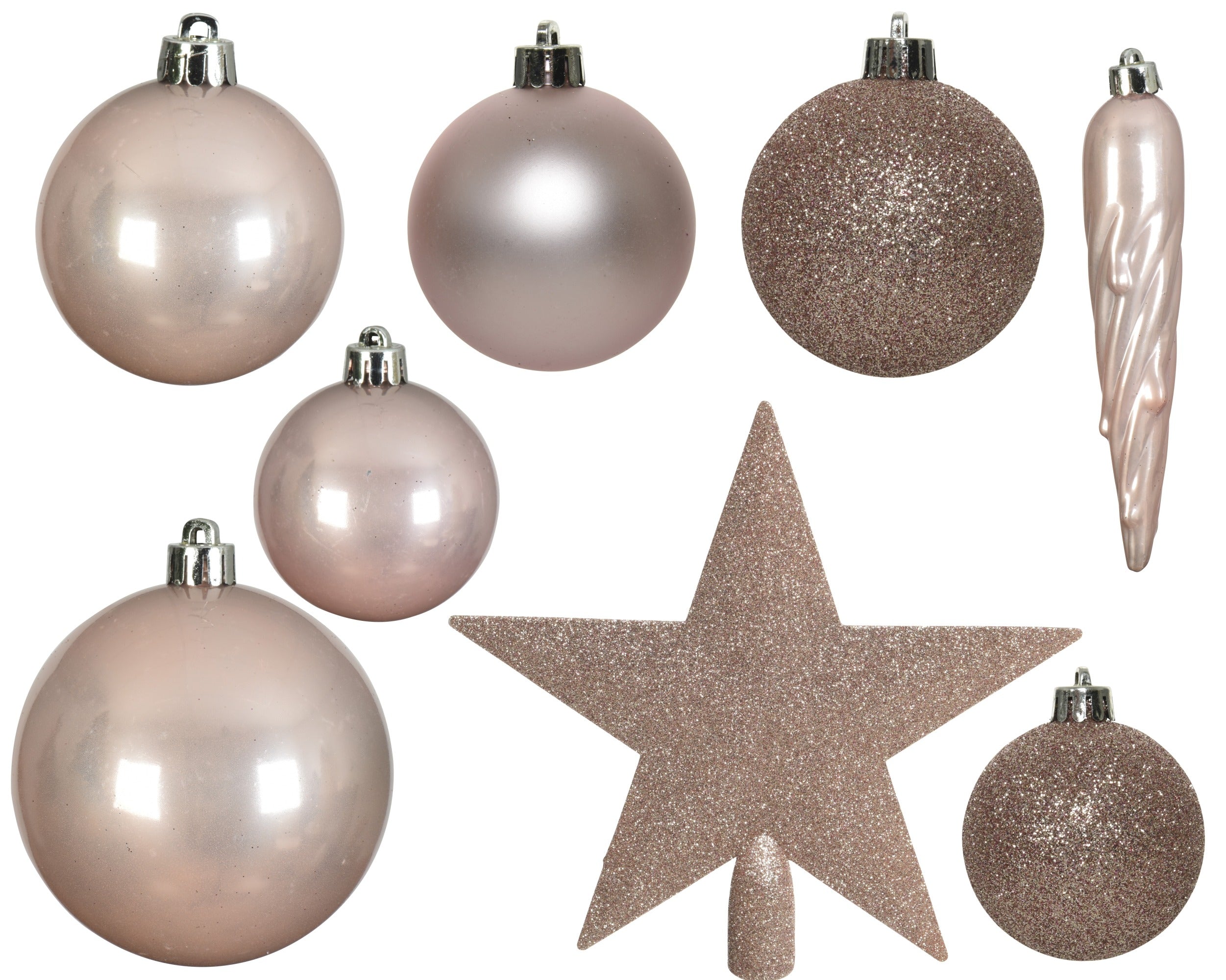 Kerstballen + piek kunststof glans/mat/glitter mix 8cm 6cm 5cm - poederroze 33st. assortiment