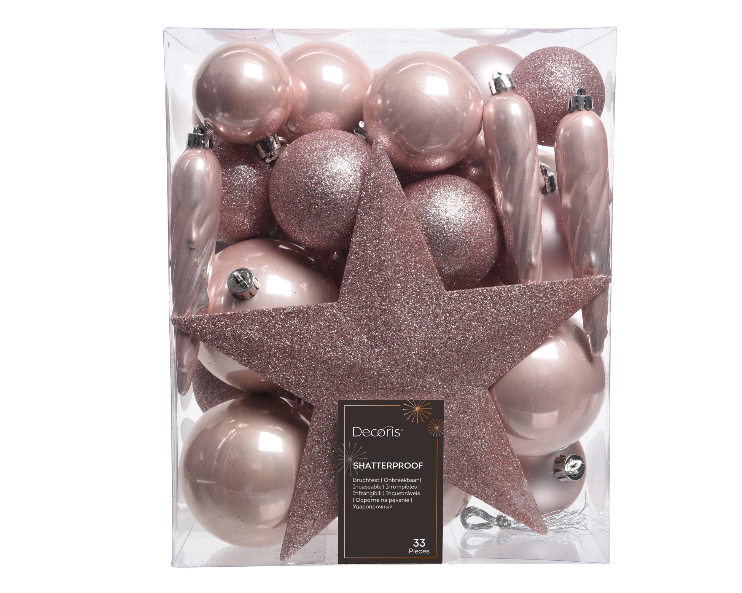 Kerstballen + piek kunststof glans/mat/glitter mix 8cm 6cm 5cm - poederroze 33st. assortiment