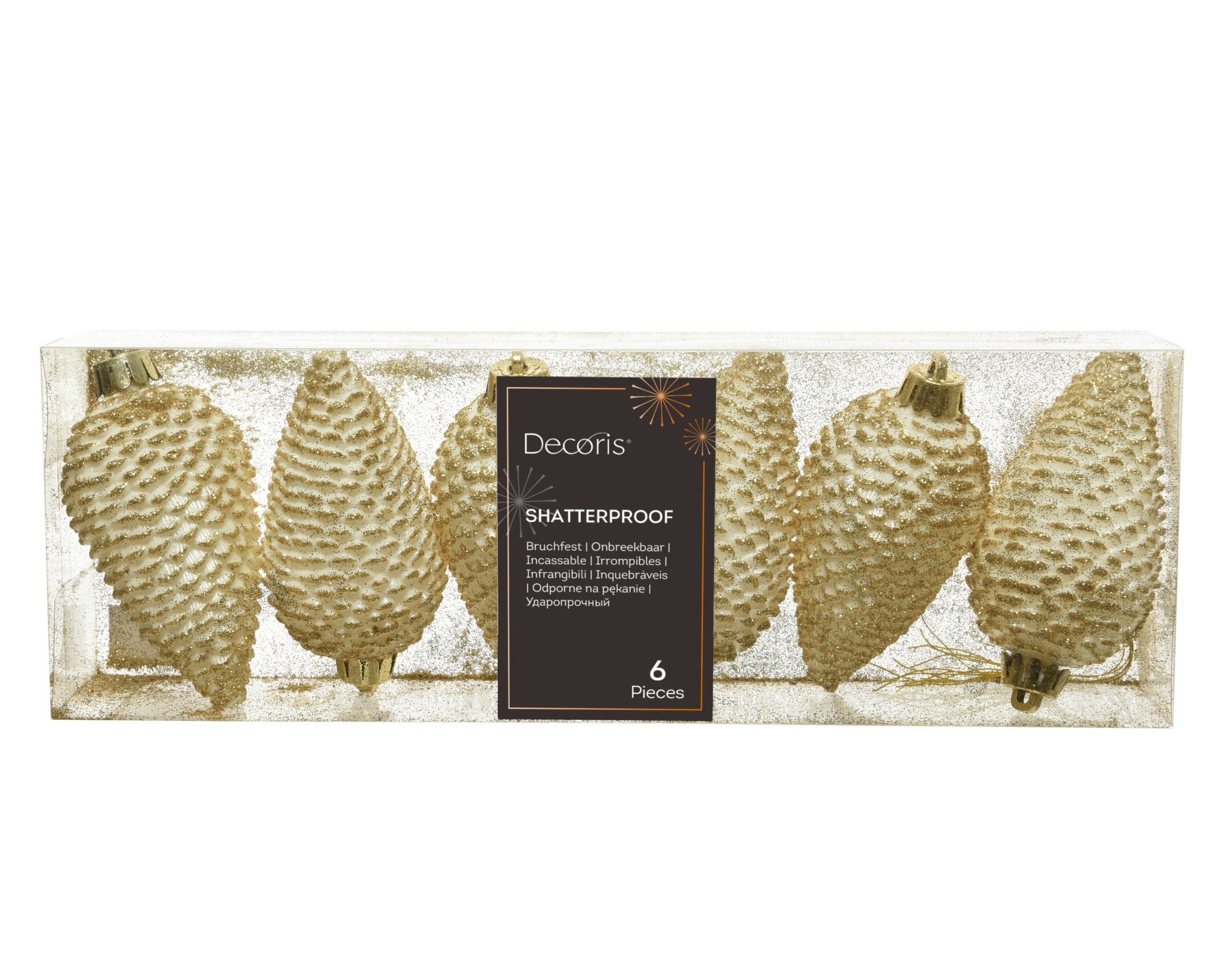 Kerstballen dennenappel kunststof glitter 8cm - wolwit 6st.