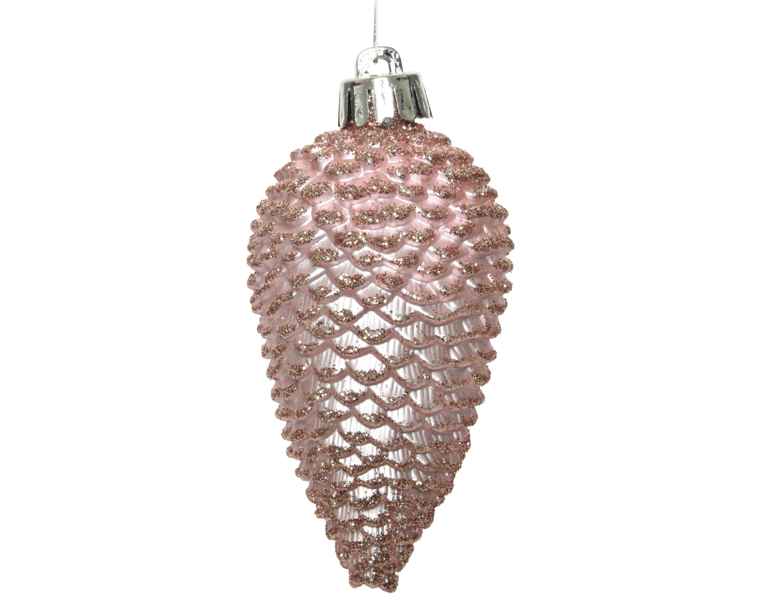 Kerstballen dennenappel kunststof glitter 8cm - poederroze 6st. roze