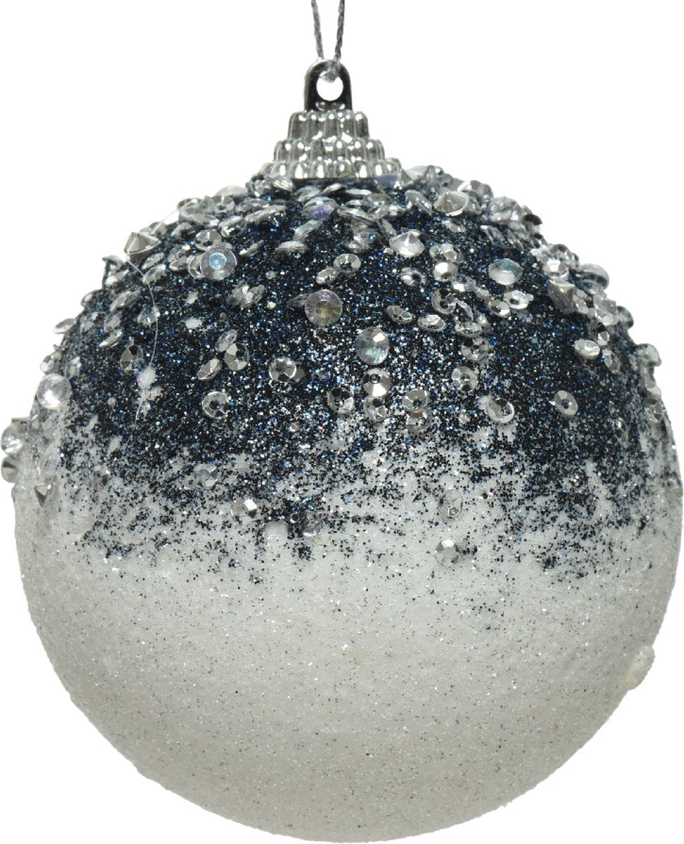 Kerstbal foam glitter parels 8cm - wit/blauw blauw  (prijs per stuk)
