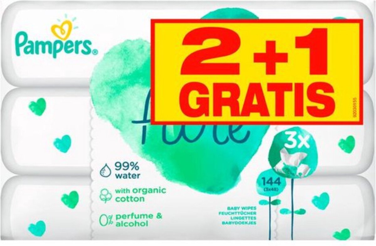 PAMPERS Aqua pure doekjes - 2+1gr 3x48st. 18/doos 6(2+1)/doos