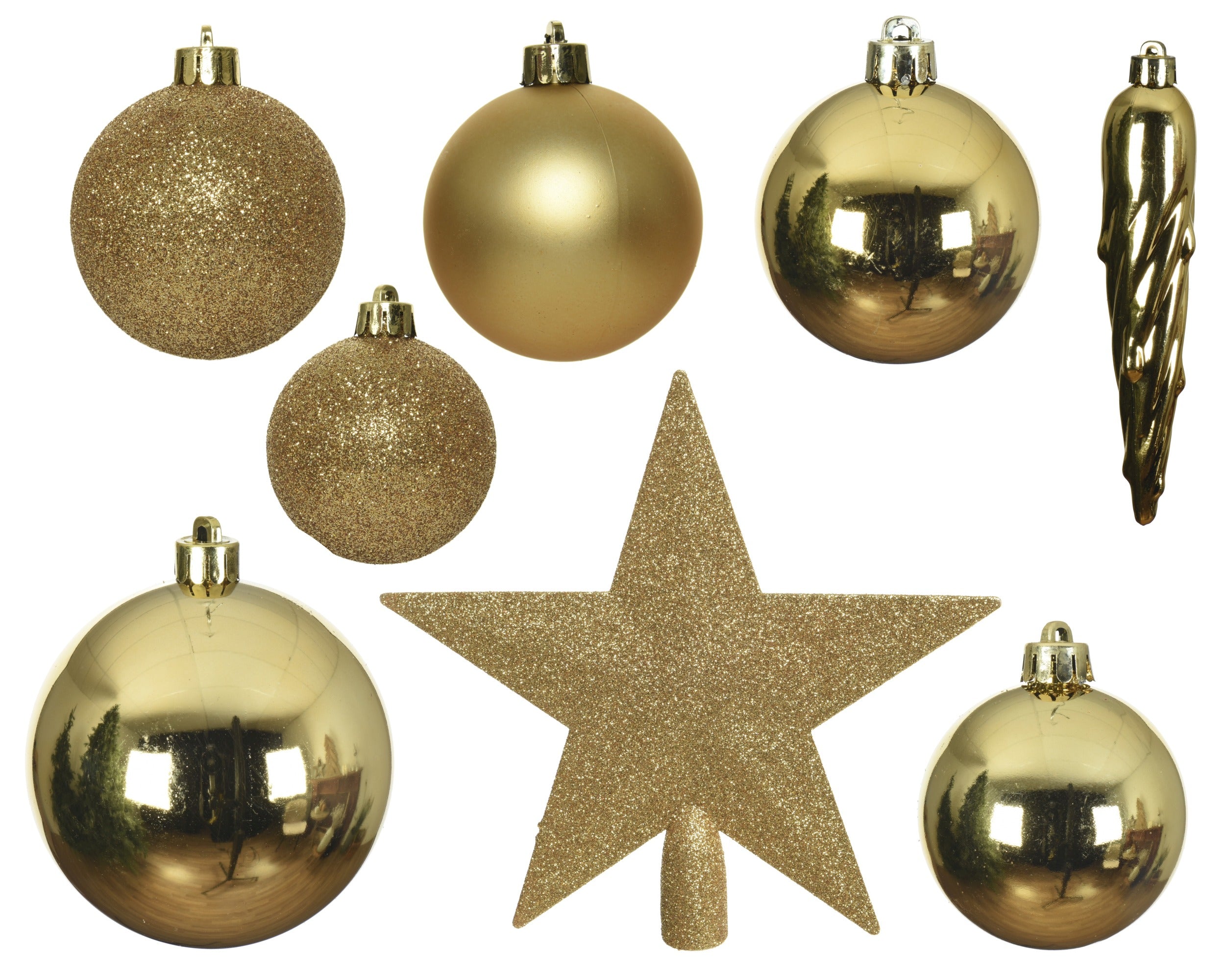 Kerstballen + piek kunststof glans/mat/glitter mix 8cm 6cm 5cm - licht goud 33st. assortiment