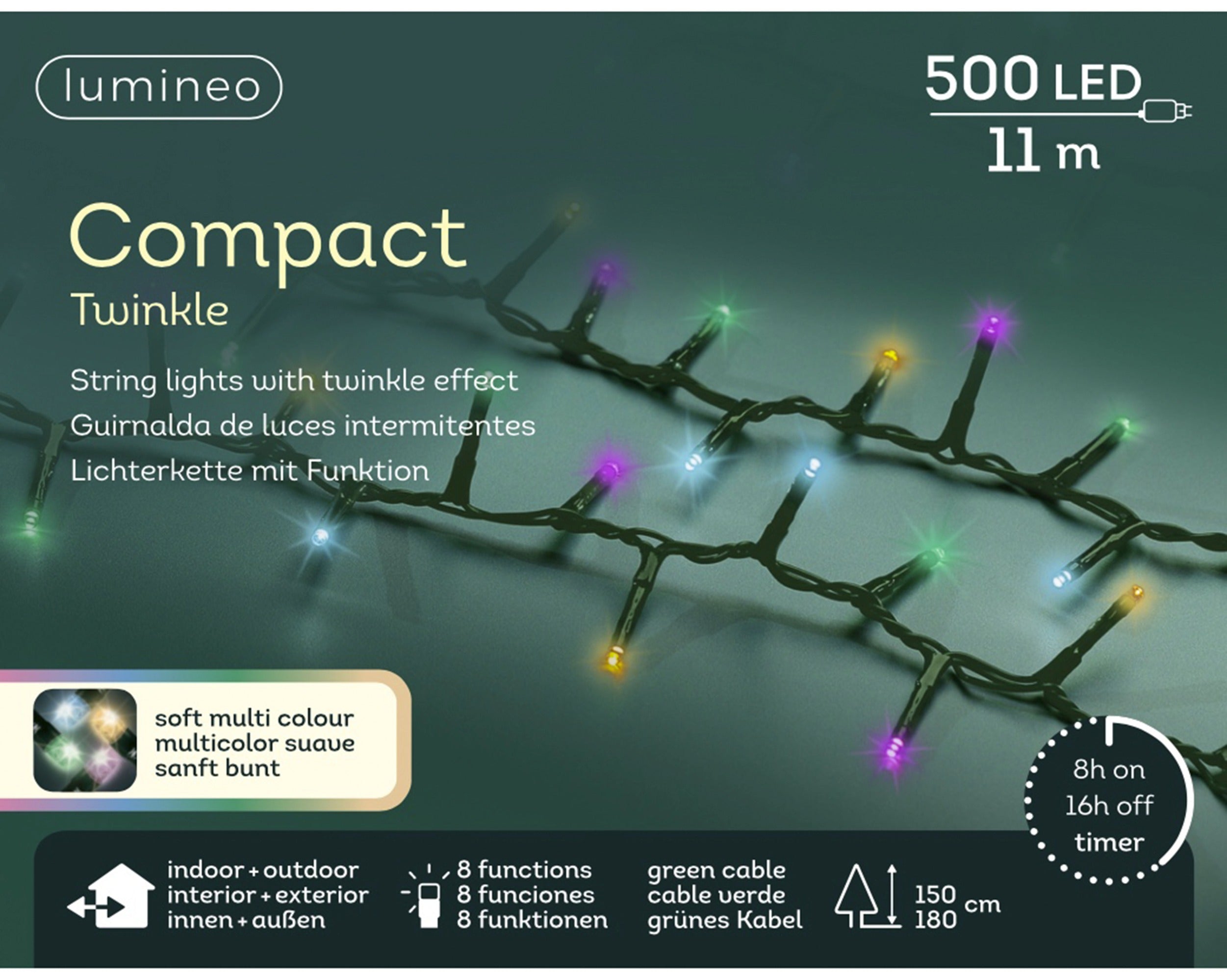 Lumineo LED compact twinkel 1100cm 500L - groen/soft multi - kerstverlichting