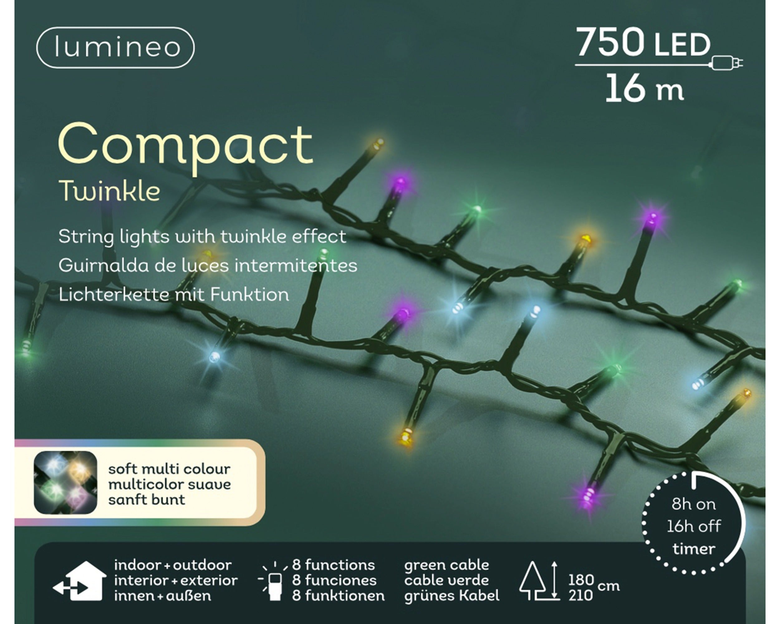Lumineo LED compact twinkel 1600cm 750L - groen/soft multi - kerstverlichting
