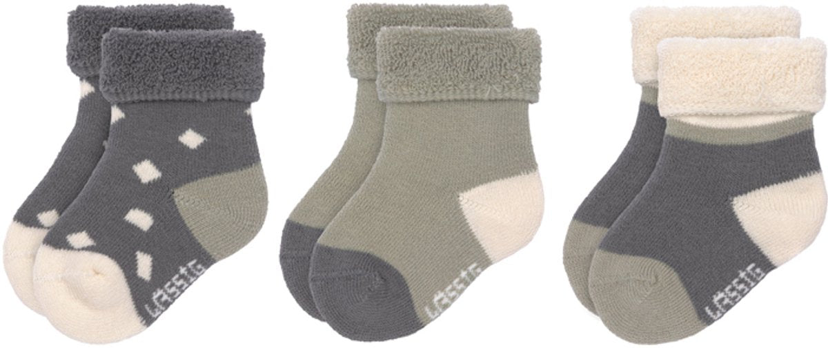 Lassig GOTS Antraciet/olijf - Sokken new born 3paar - 12/14