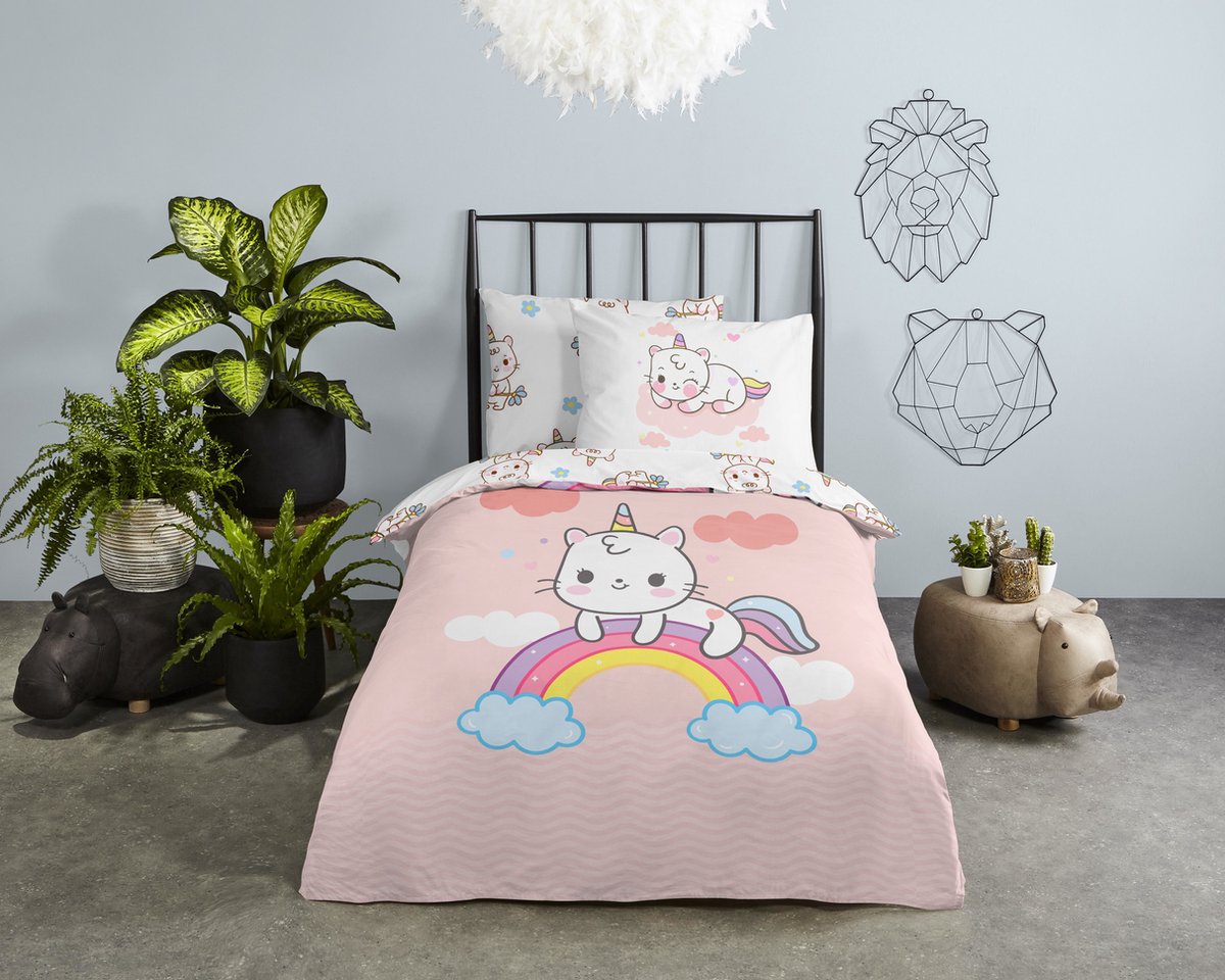 GOODMORNING Dekbedovertrek katoen - 140x 220cm - roze eenhoorn regenboog