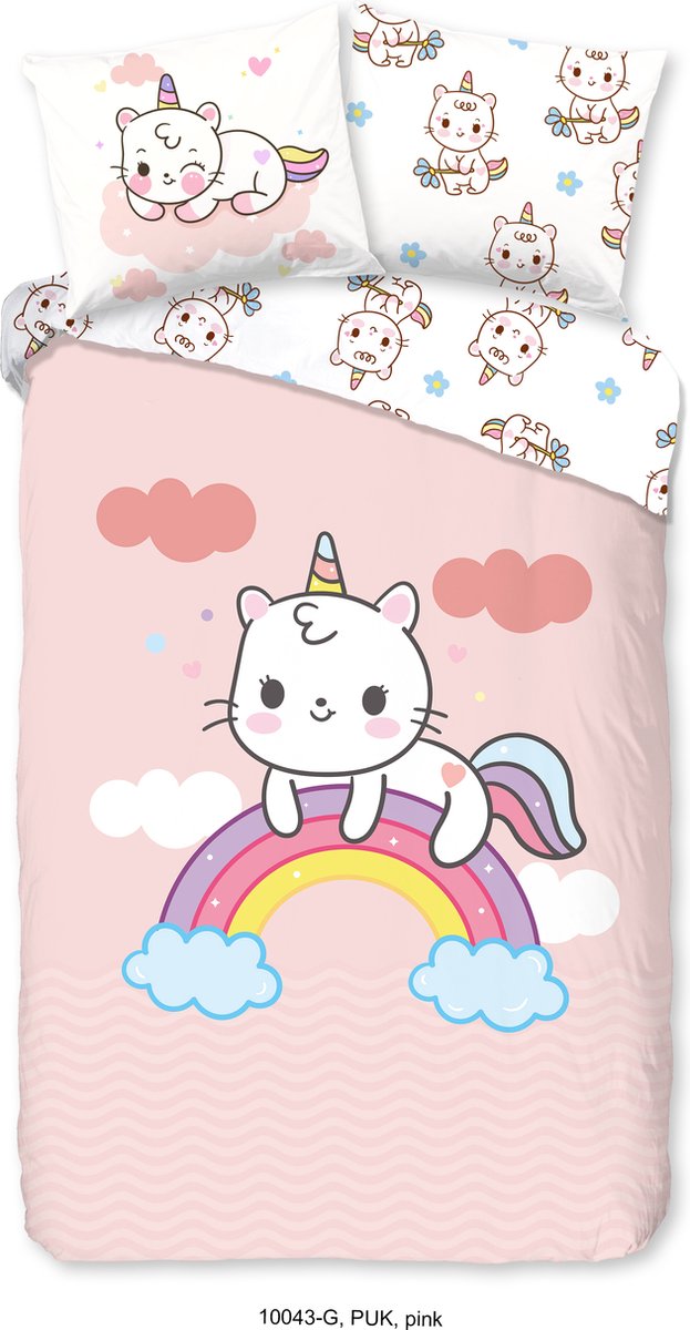 GOODMORNING Dekbedovertrek katoen - 140x 220cm - roze eenhoorn regenboog