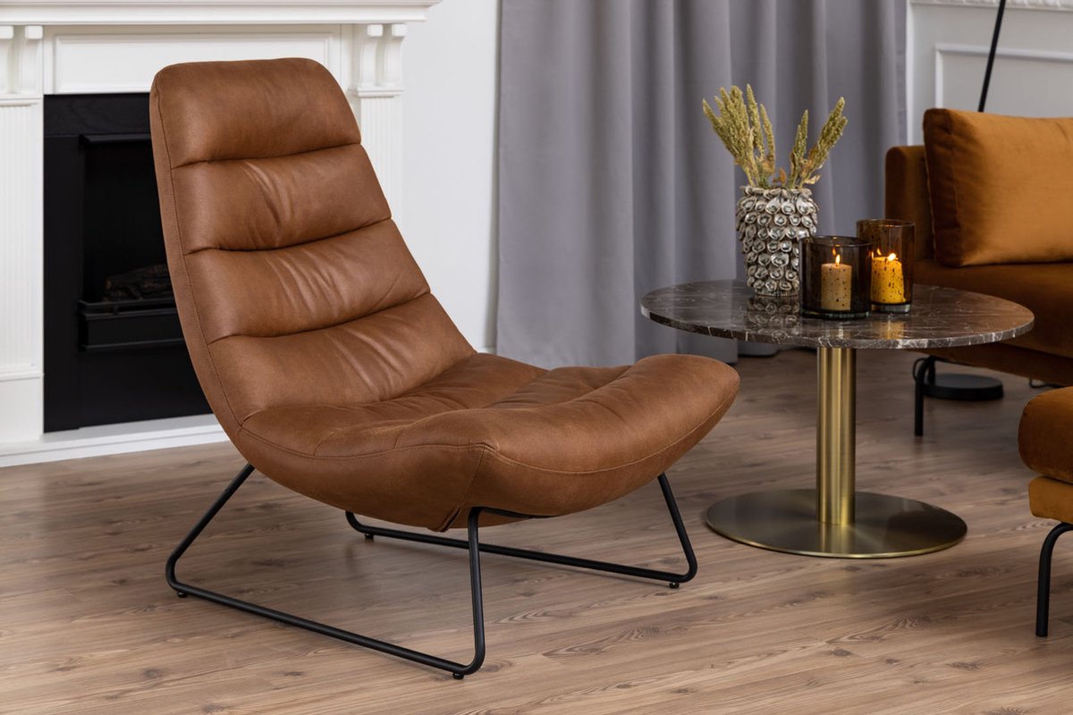 MILFORD lounge zetel - bruin met zwart sledevoet onderstel-leermix moderne look