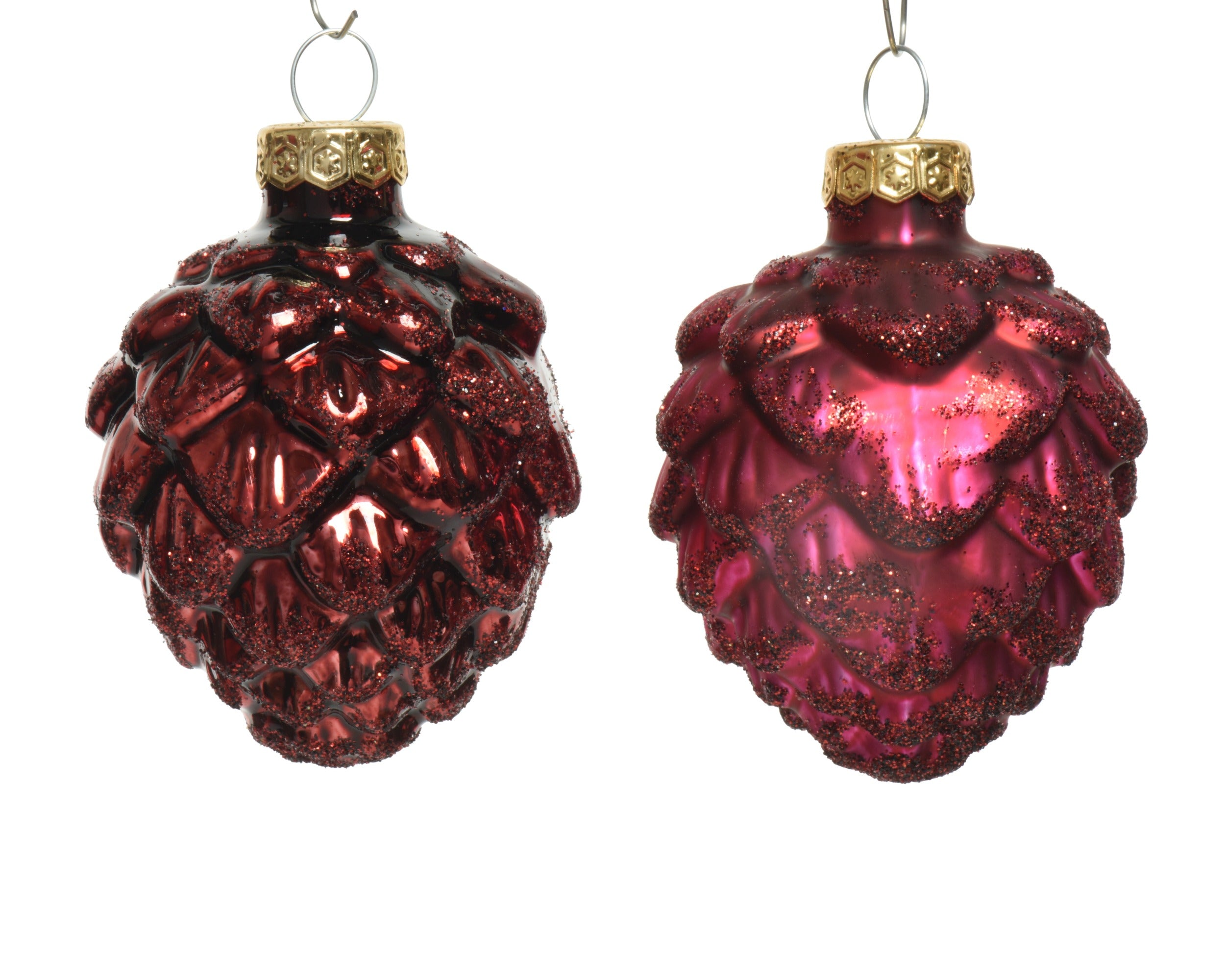 Kerstballen dennenappel glas glans/mat glitter mix 5x7cm - ossenbloed 6st. 6st.- ossenbloedrood