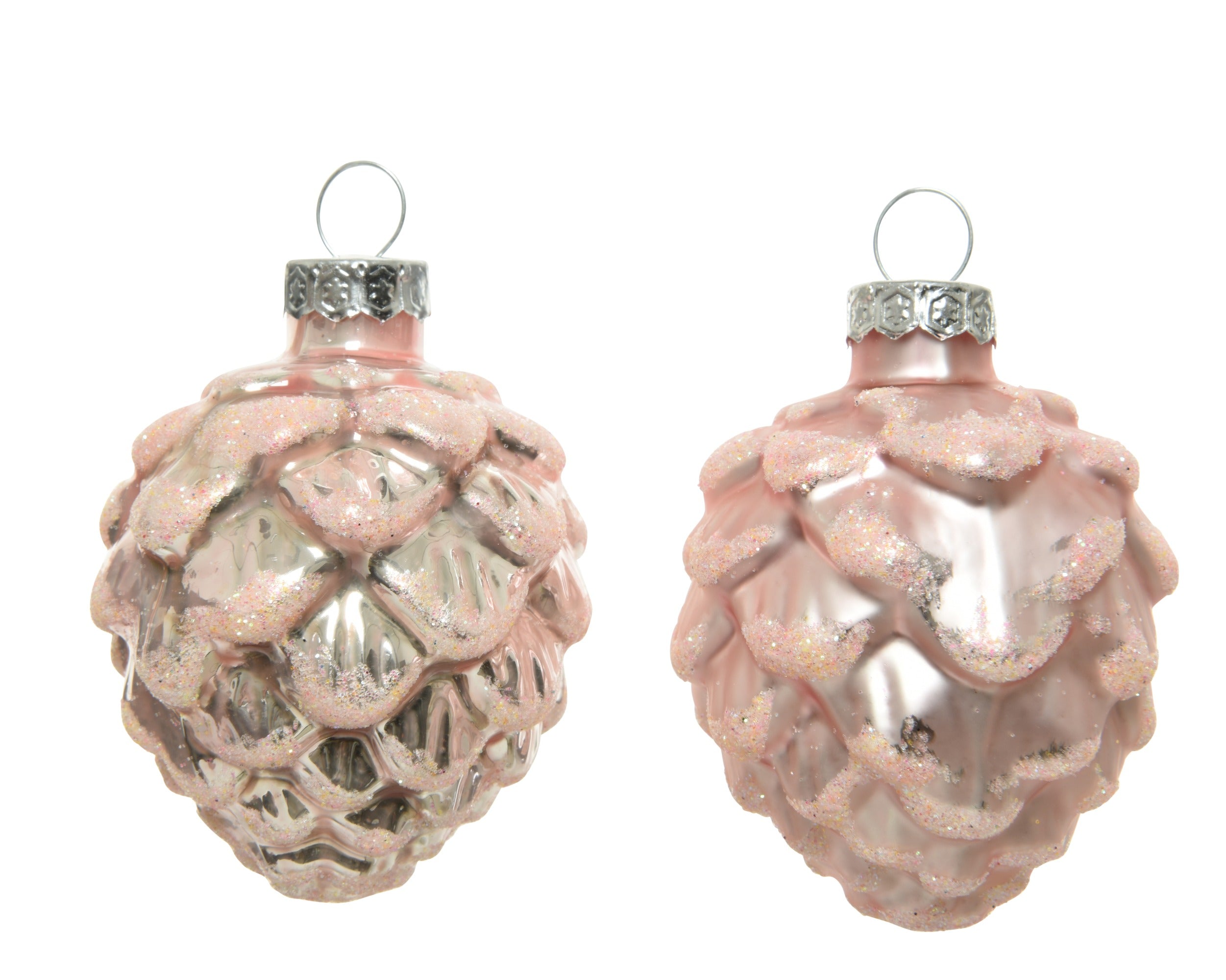 Kerstballen dennenappel glas emaille/mat glitter mix 5x7cm - poederroze 6st. 6st.- poeder roze