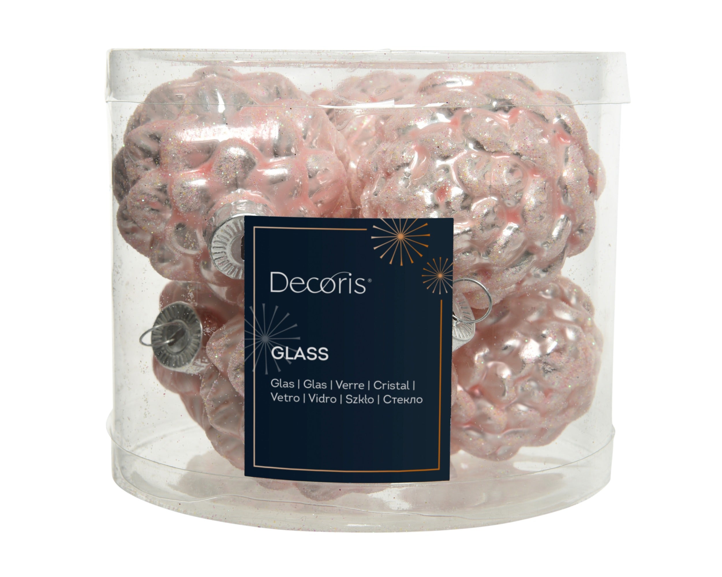 Kerstballen dennenappel glas emaille/mat glitter mix 5x7cm - poederroze 6st. 6st.- poeder roze