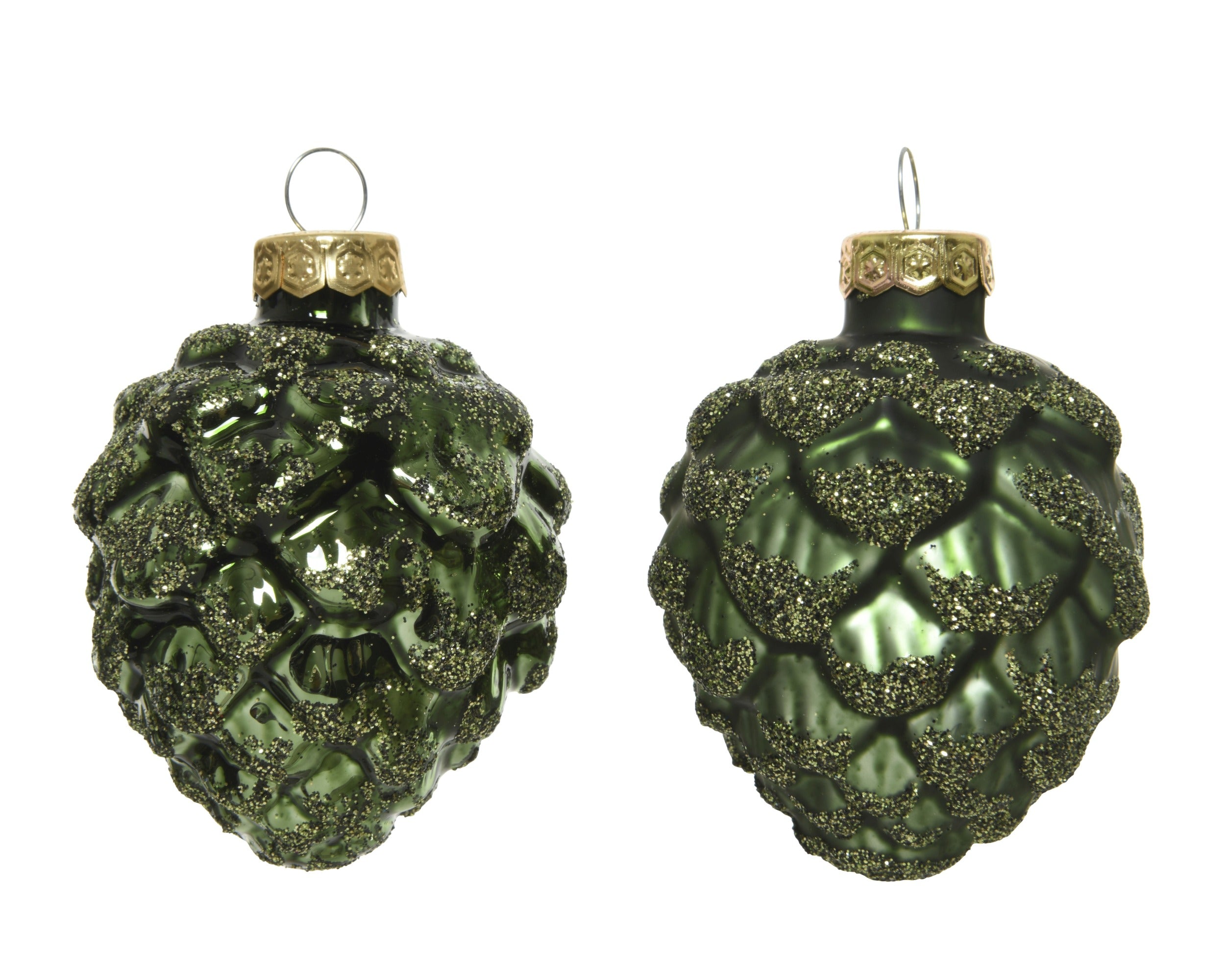 Kerstballen dennenappel glas glans/mat glitter mix 5x7cm - dennengroen 6st. 6st.- dennengroen