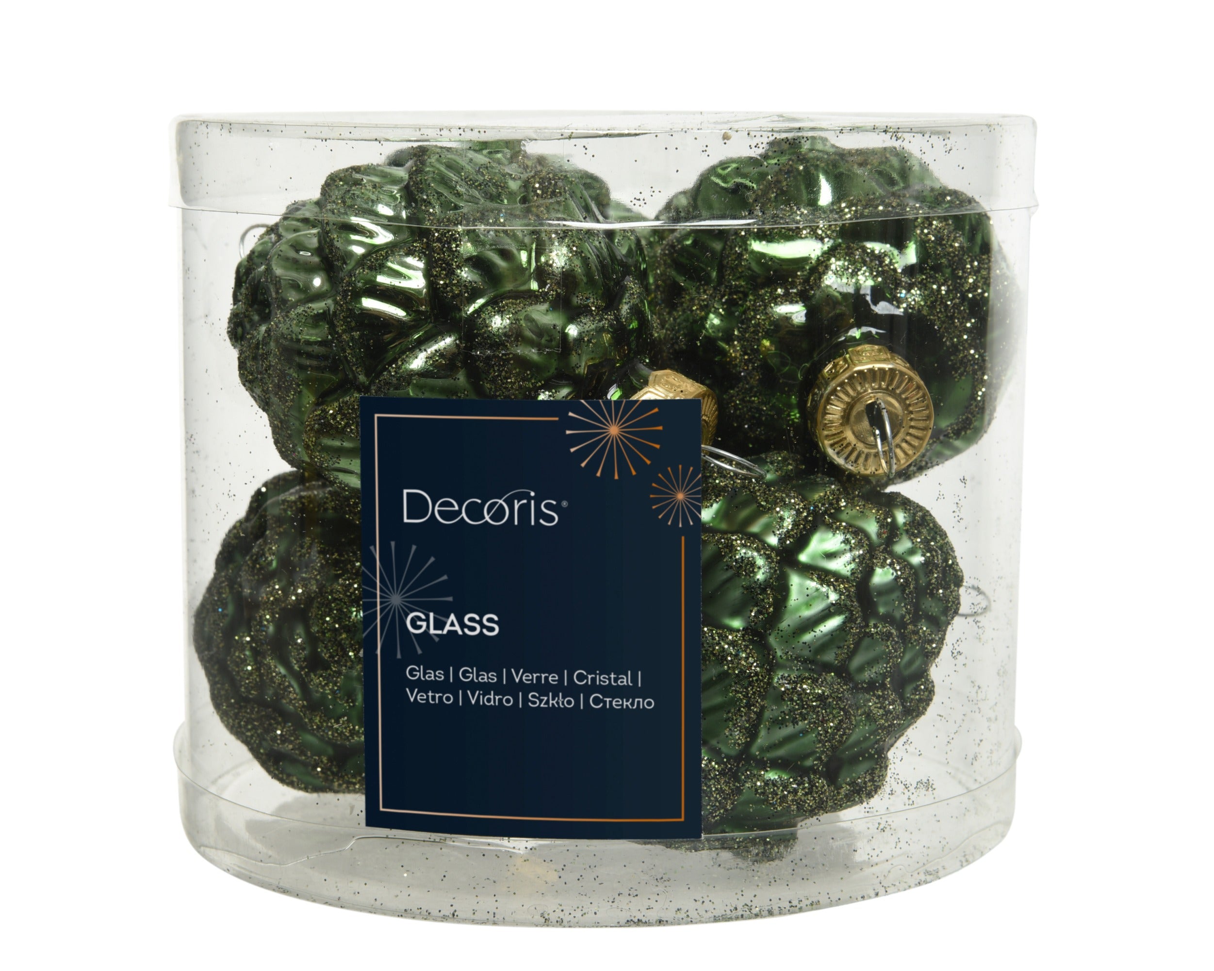 Kerstballen dennenappel glas glans/mat glitter mix 5x7cm - dennengroen 6st. 6st.- dennengroen