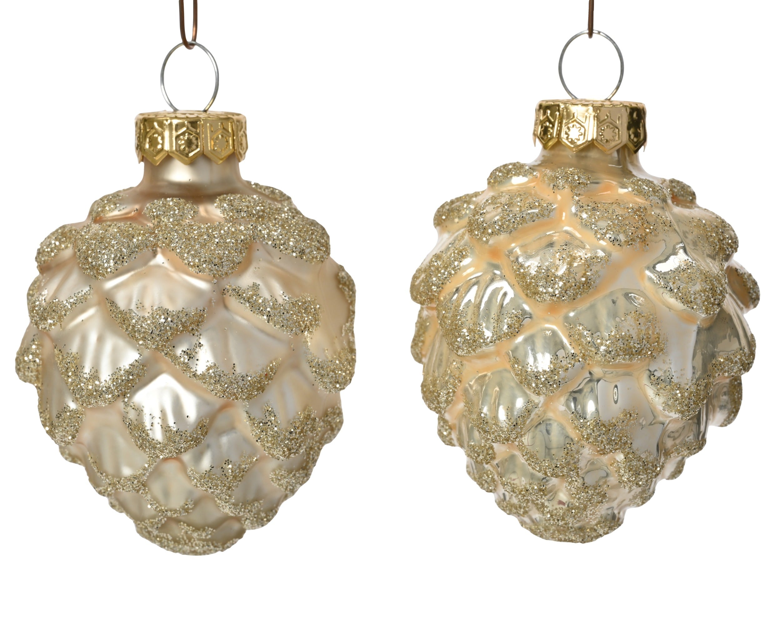 Kerstballen dennenappel glas glans/mat glitter mix 5x7cm - parel 6st. 6st.- parel