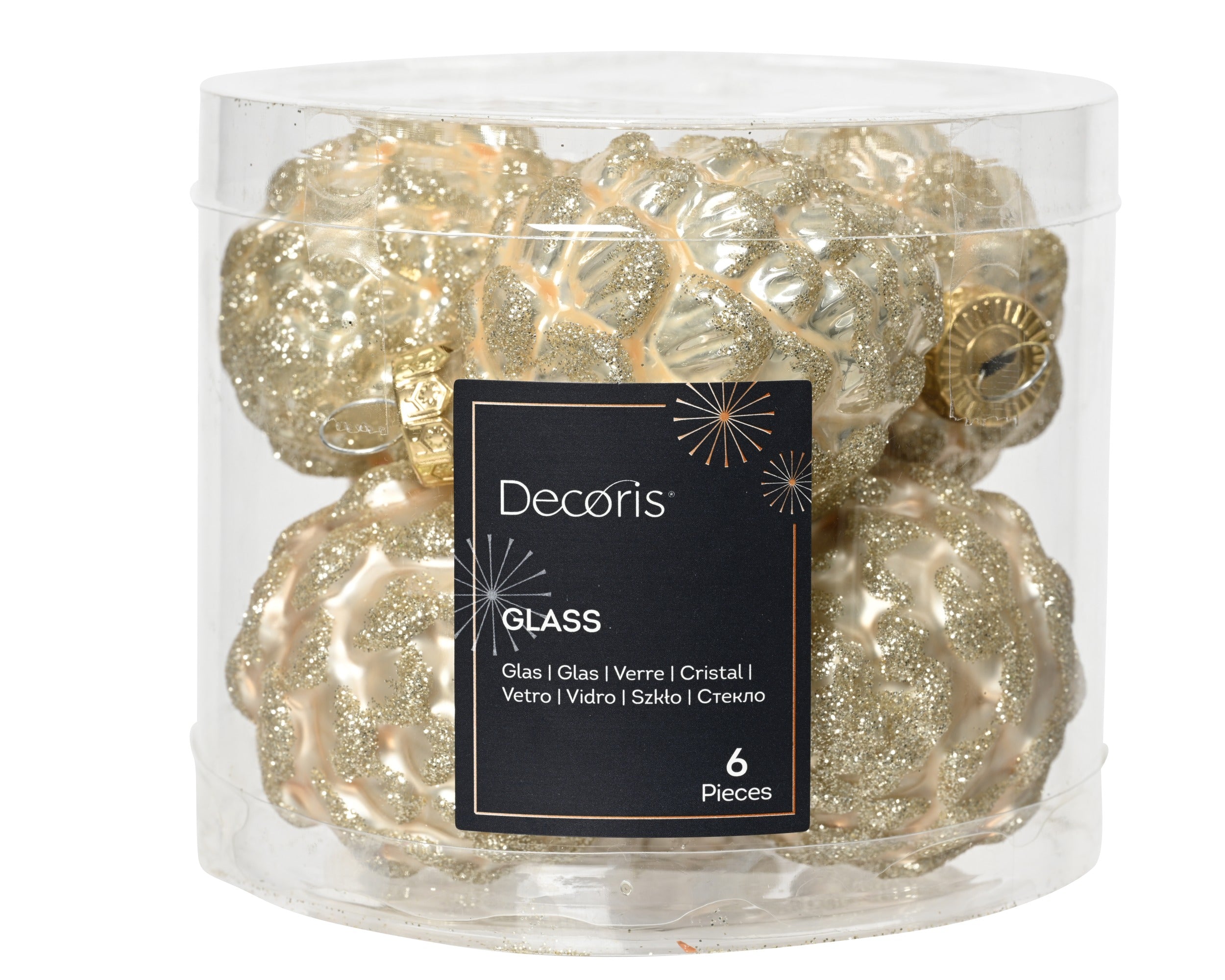 Kerstballen dennenappel glas glans/mat glitter mix 5x7cm - parel 6st. 6st.- parel