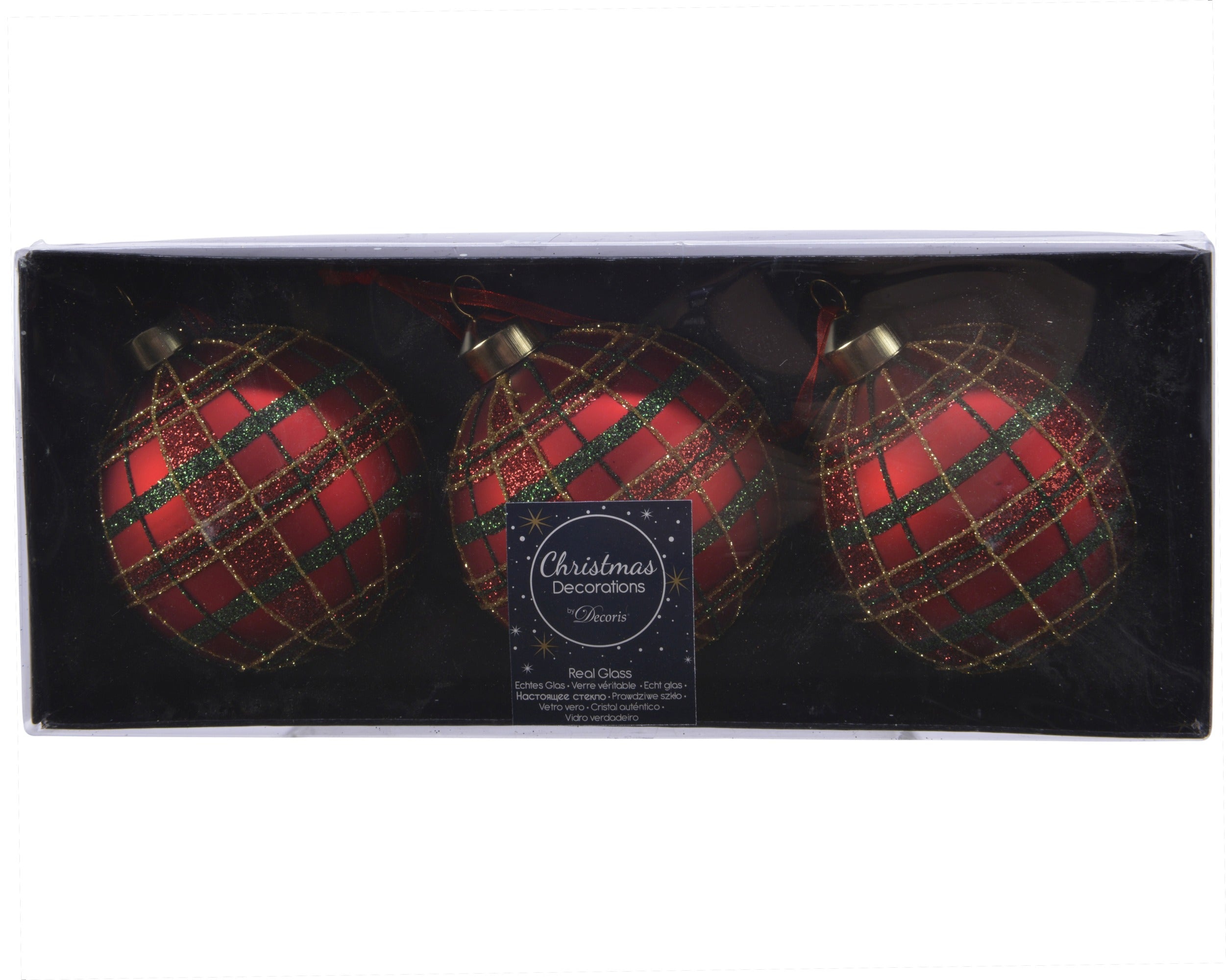 Kerstbal glas glitter ruit 8cm - kerstrood 3st. (prijs per verpakk.)