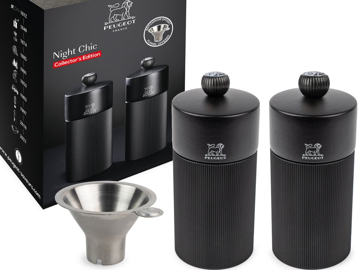 duo set peper-& zoutmolen met trechter -12cm - zwart inox Peugeot geshenkkoffer