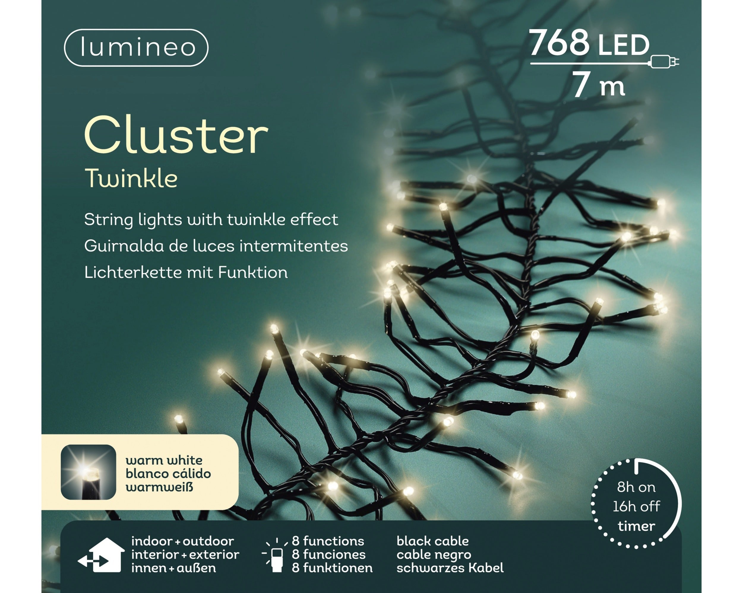 Lumineo LED cluster twinkel 700cm 768L - zwart/warm wit  - kerstverlichting 8 functie