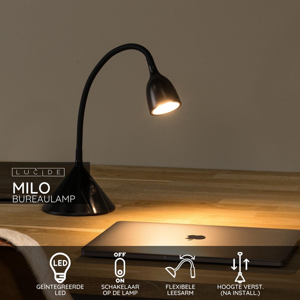 Lucide - MILO Bureaulamp zwart D12.8CM LED 3.2W 3000K