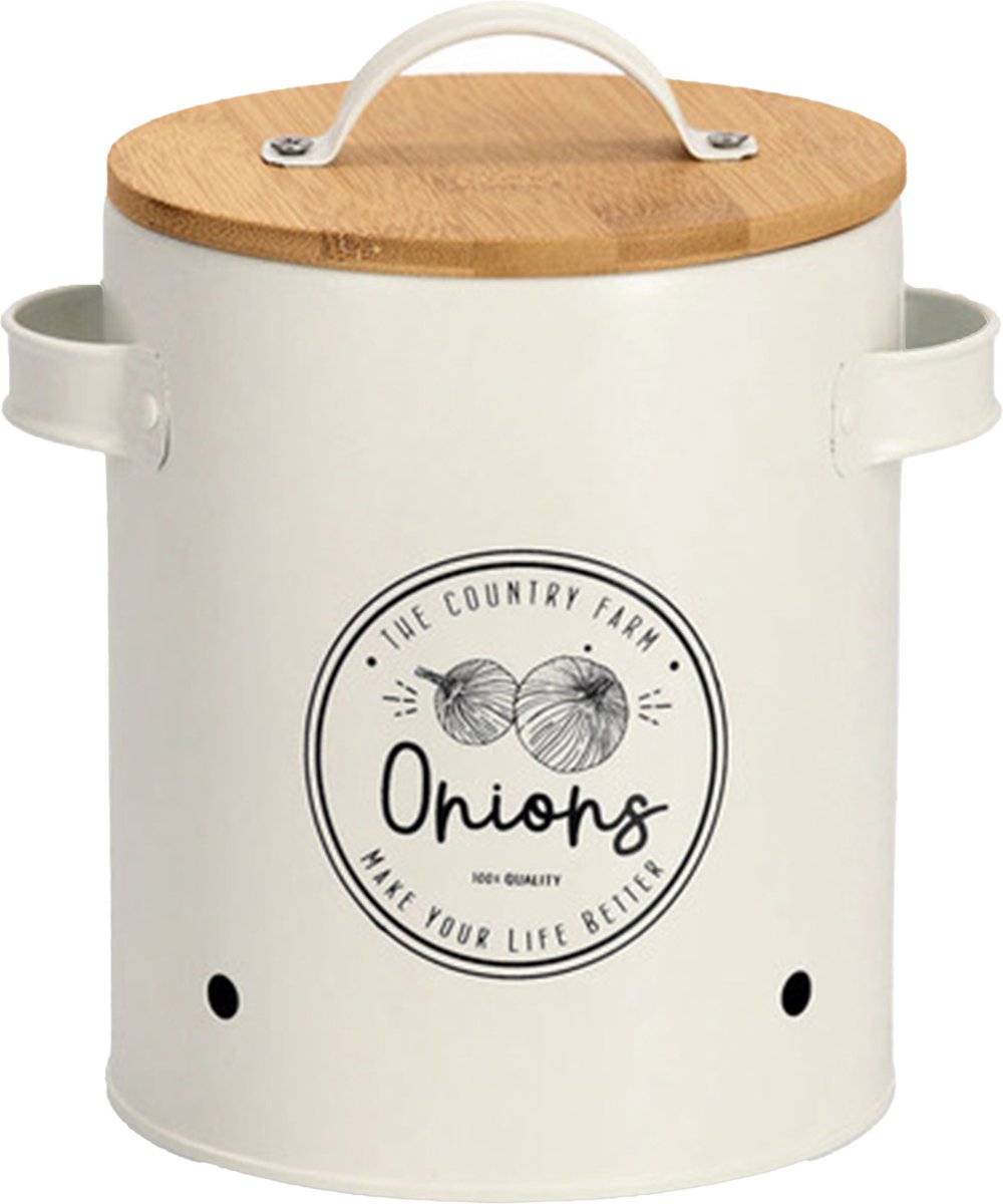 ZELLER Onions bewaardoos metaal met bamboe deksel - 14x16.2x19.5cm - wit