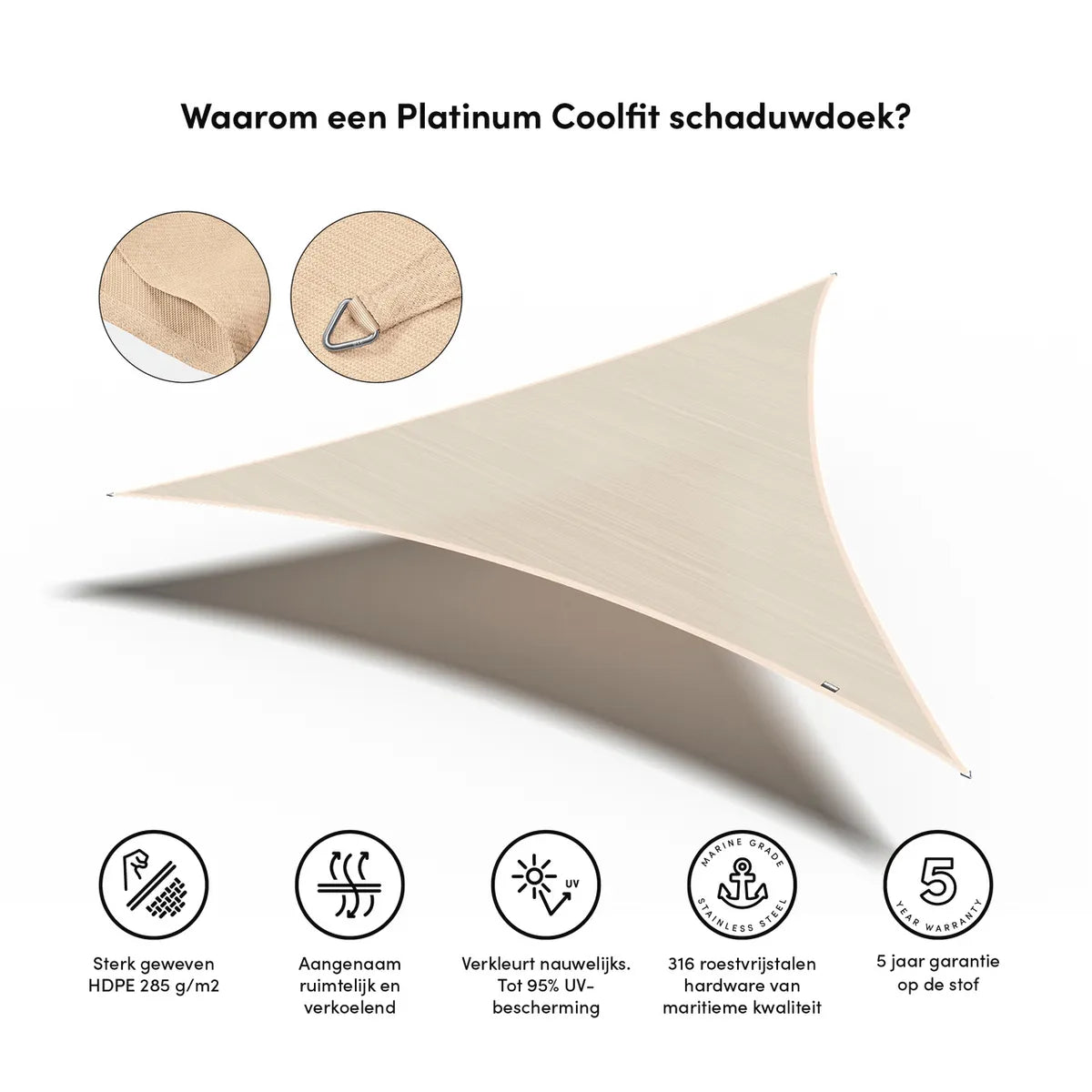 PLATINUM Coolfit schaduwdoek driehoek - 500x500x500cm - ecru wit