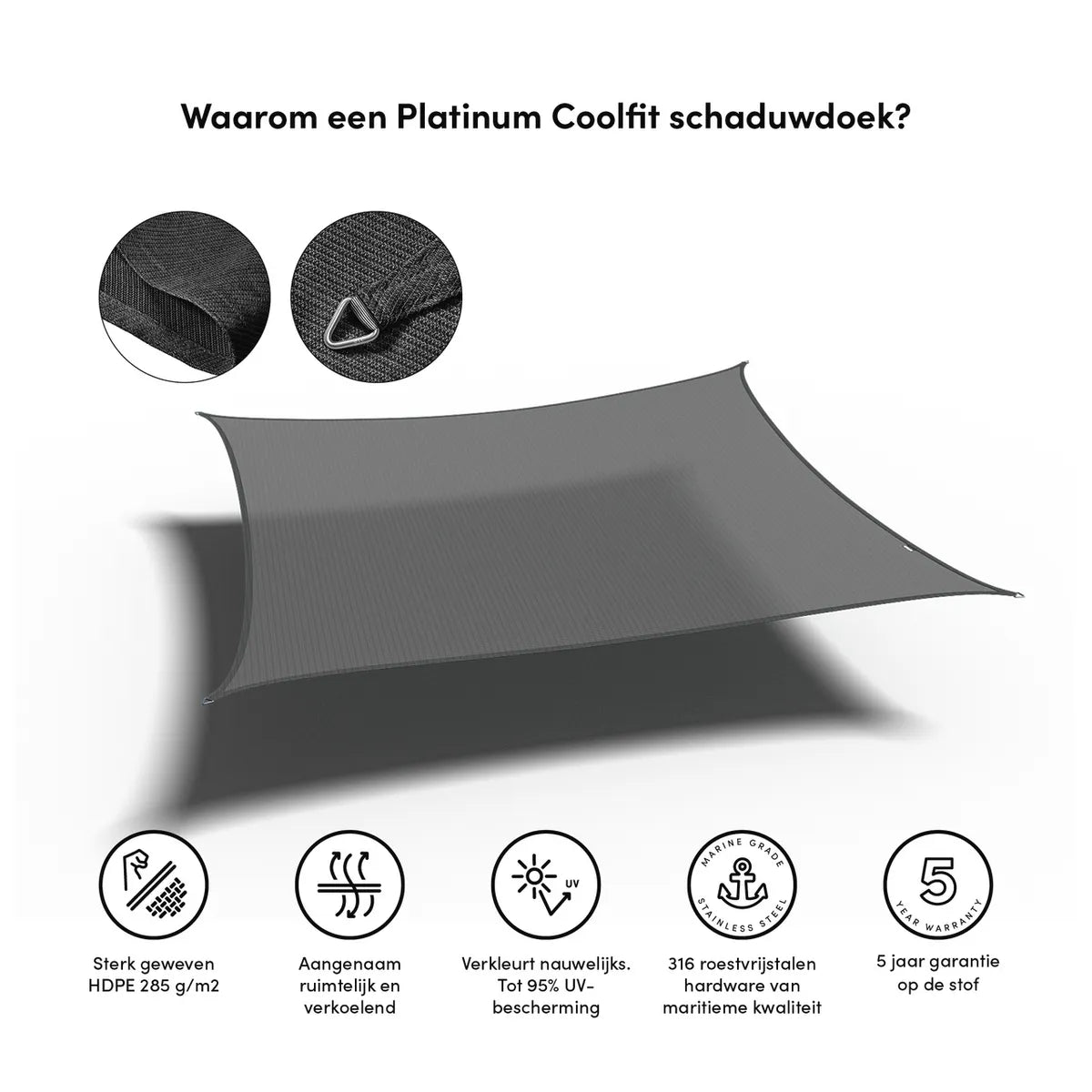 PLATINUM Coolfit schaduwdoek vierkant - 360x360cm - antraciet