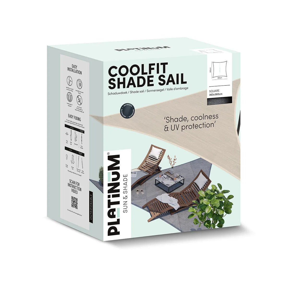 PLATINUM Coolfit schaduwdoek vierkant - 360x360cm - antraciet