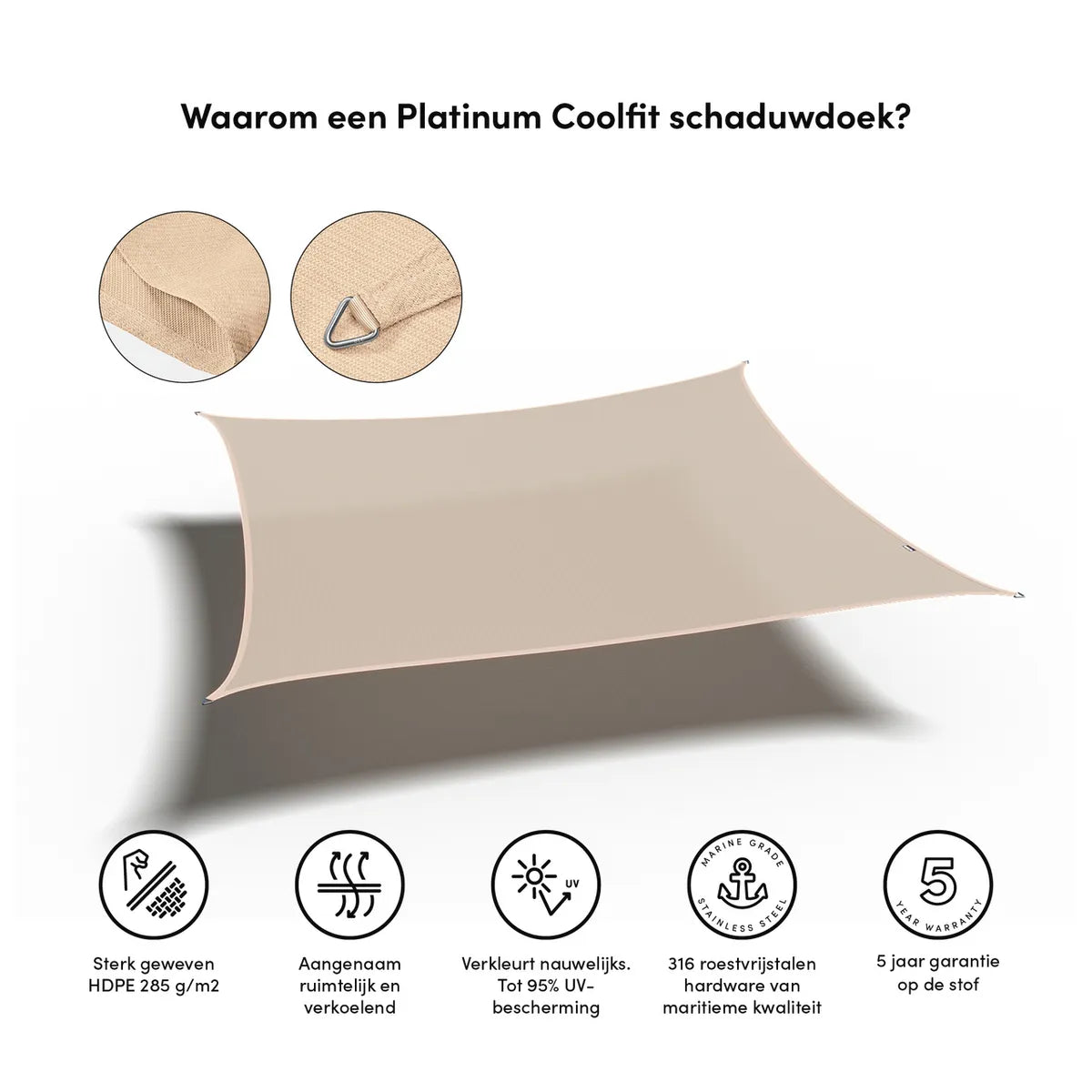 PLATINUM Coolfit schaduwdoek vierkant - 500x500cm - ecru wit