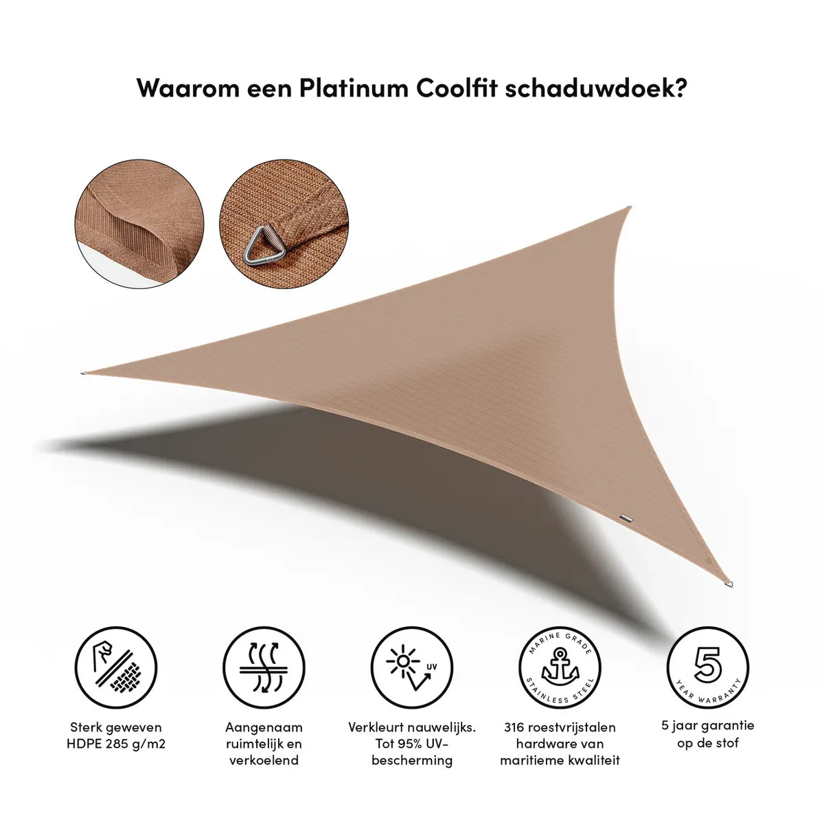 PLATINUM Coolfit schaduwdoek driehoek - 500x500x500cm - zand