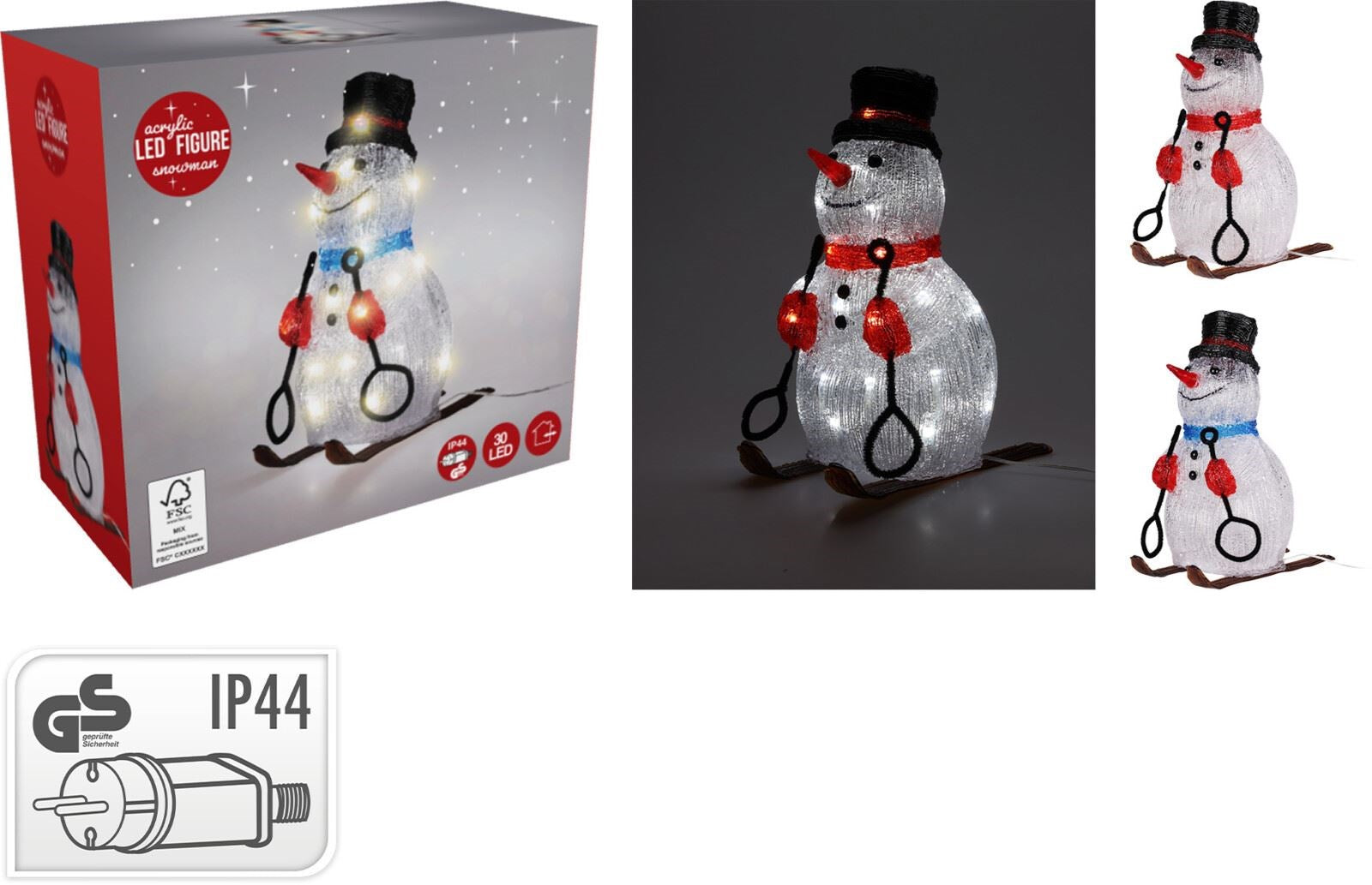 Kerst sneeuwpop op ski acryl LED - ass. (prijs per stuk)