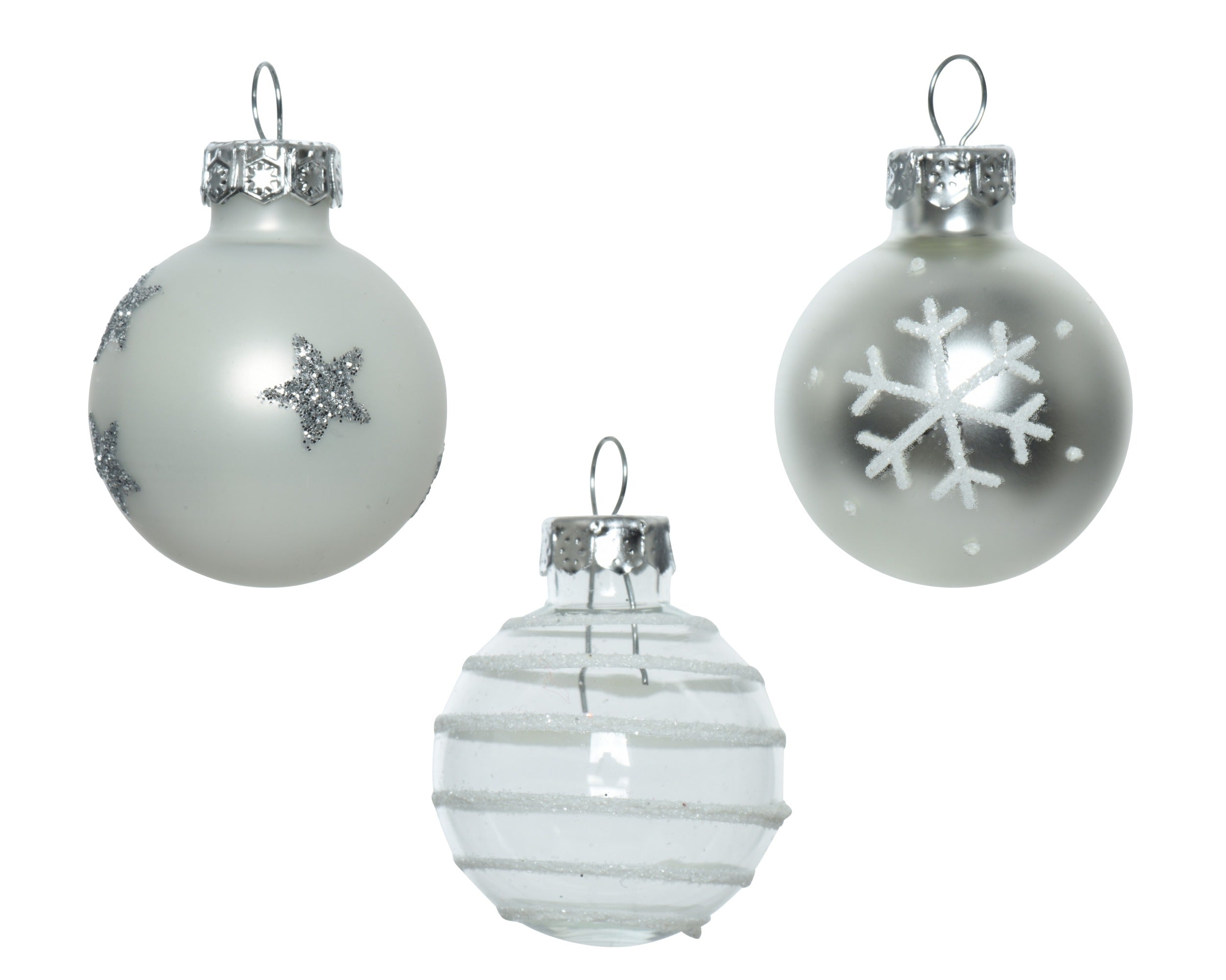Kerstballen glas glans/mat mix 3cm - wit/zilver 9st. glans/ mat/ dessin