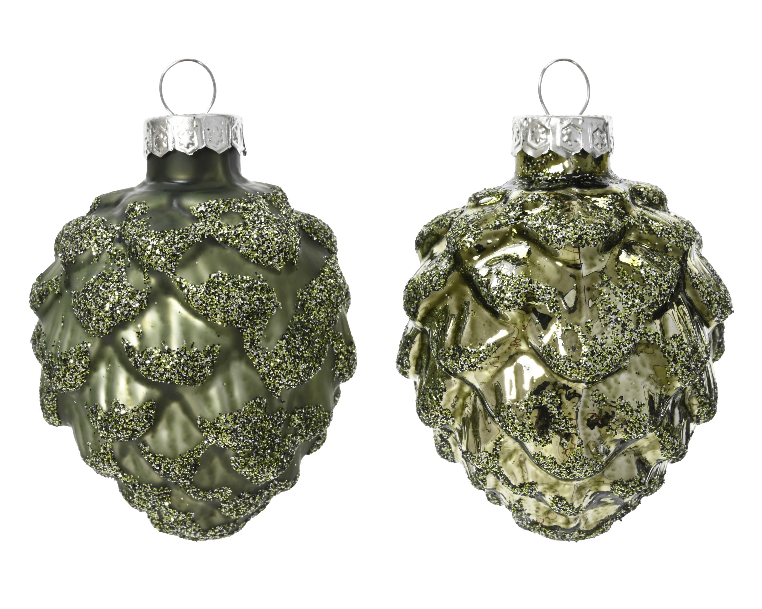 Kerstballen dennenappel glas glans/mat mix 5x7cm - rozemarijn 6st. 6st.- rosemary green