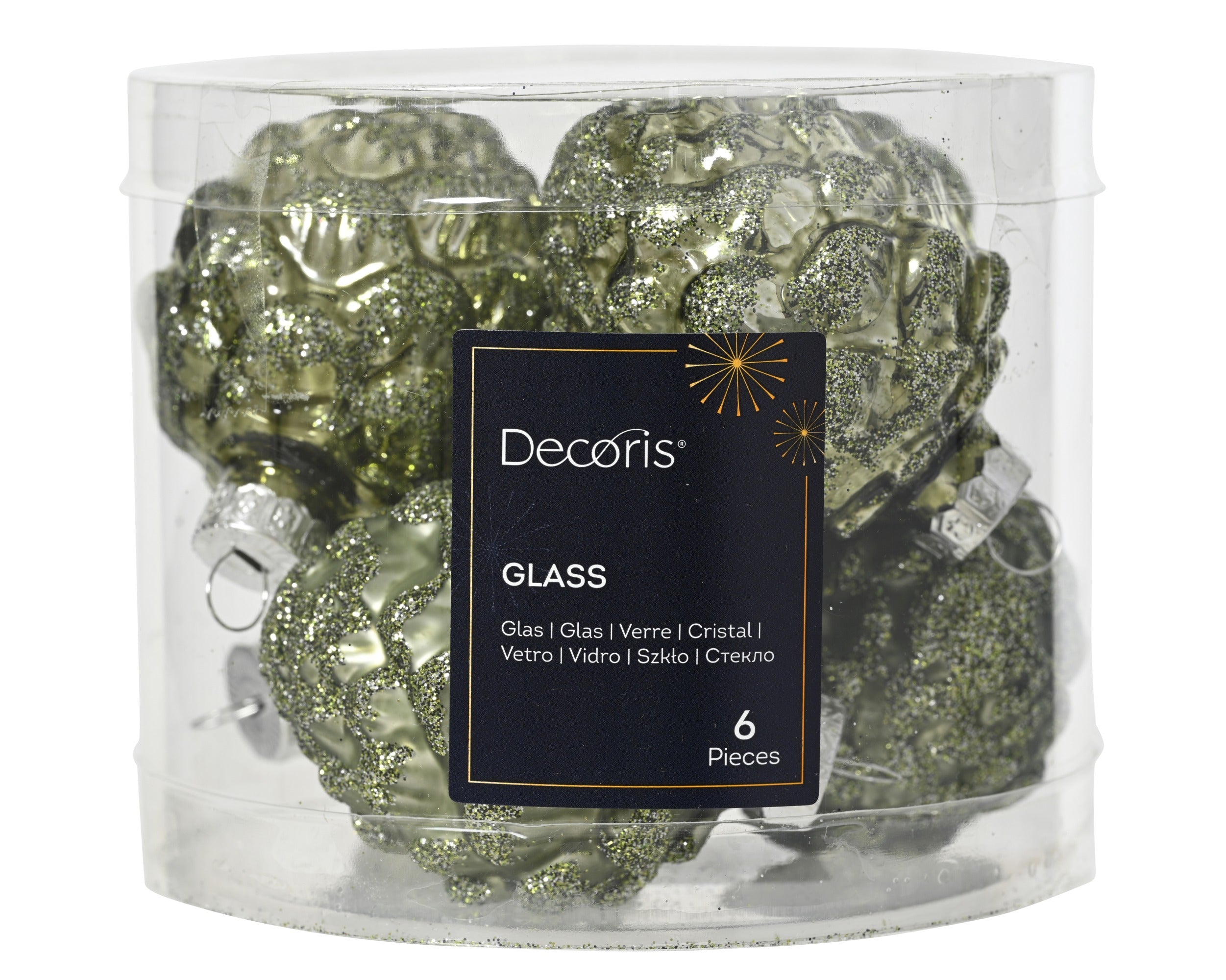 Kerstballen dennenappel glas glans/mat mix 5x7cm - rozemarijn 6st. 6st.- rosemary green